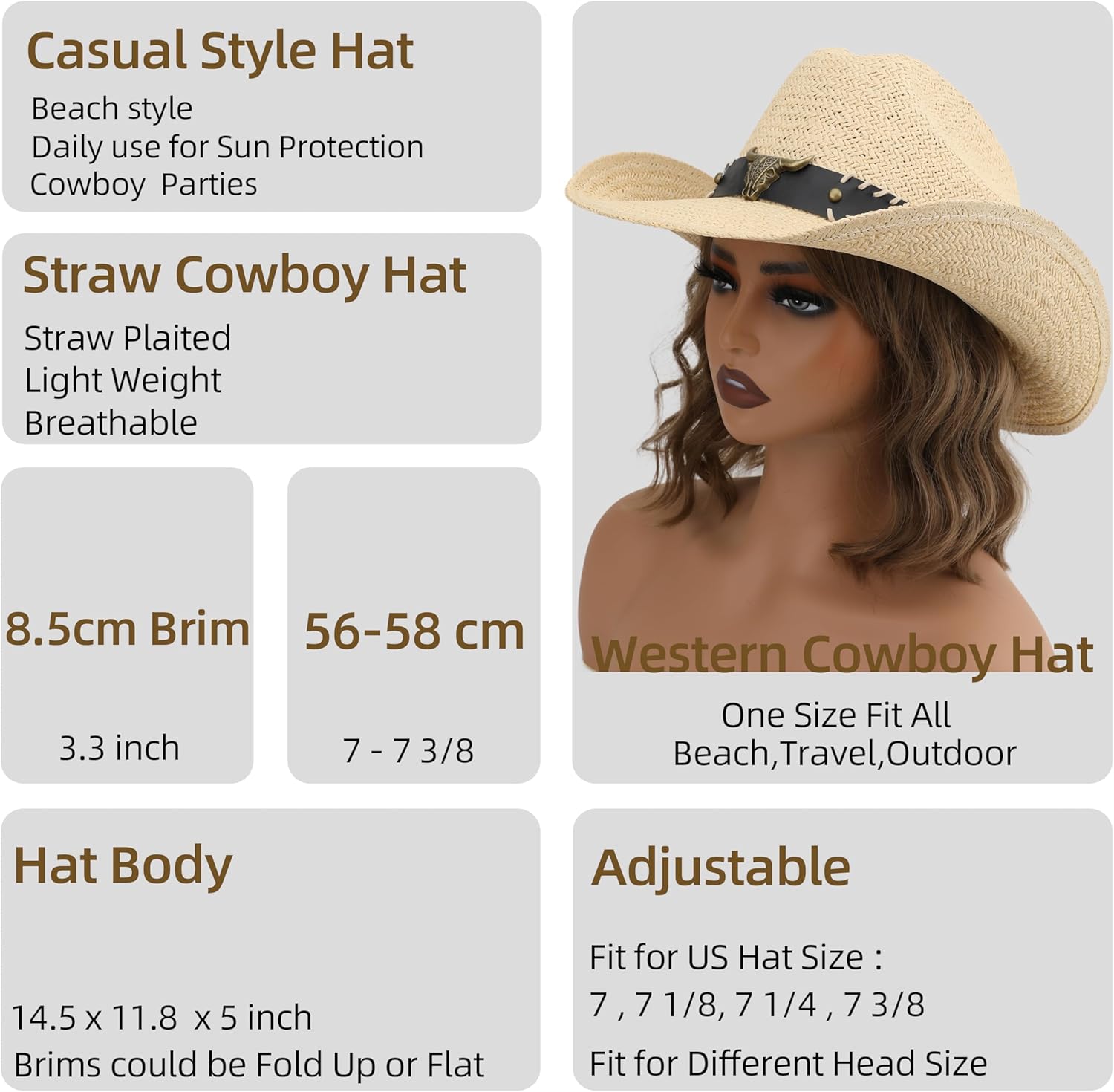 Straw Cowboy Hat, Western Cowgirl Hat, Wide Brim Sun Beach Hat for Men and Women - Image 5