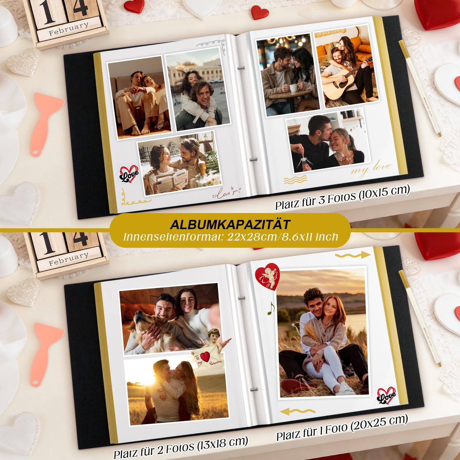 Lanpn PaareFotoalbum Selbstklebend Einkleben Scrapbook, Leinen Groß Weiße Seiten Fotobuch zum Selbstgestalten mit Metallischer Stift 10x15 13x18 A5 Bilder (Groß, 40 Blatt/80 Seiten, Beige)
