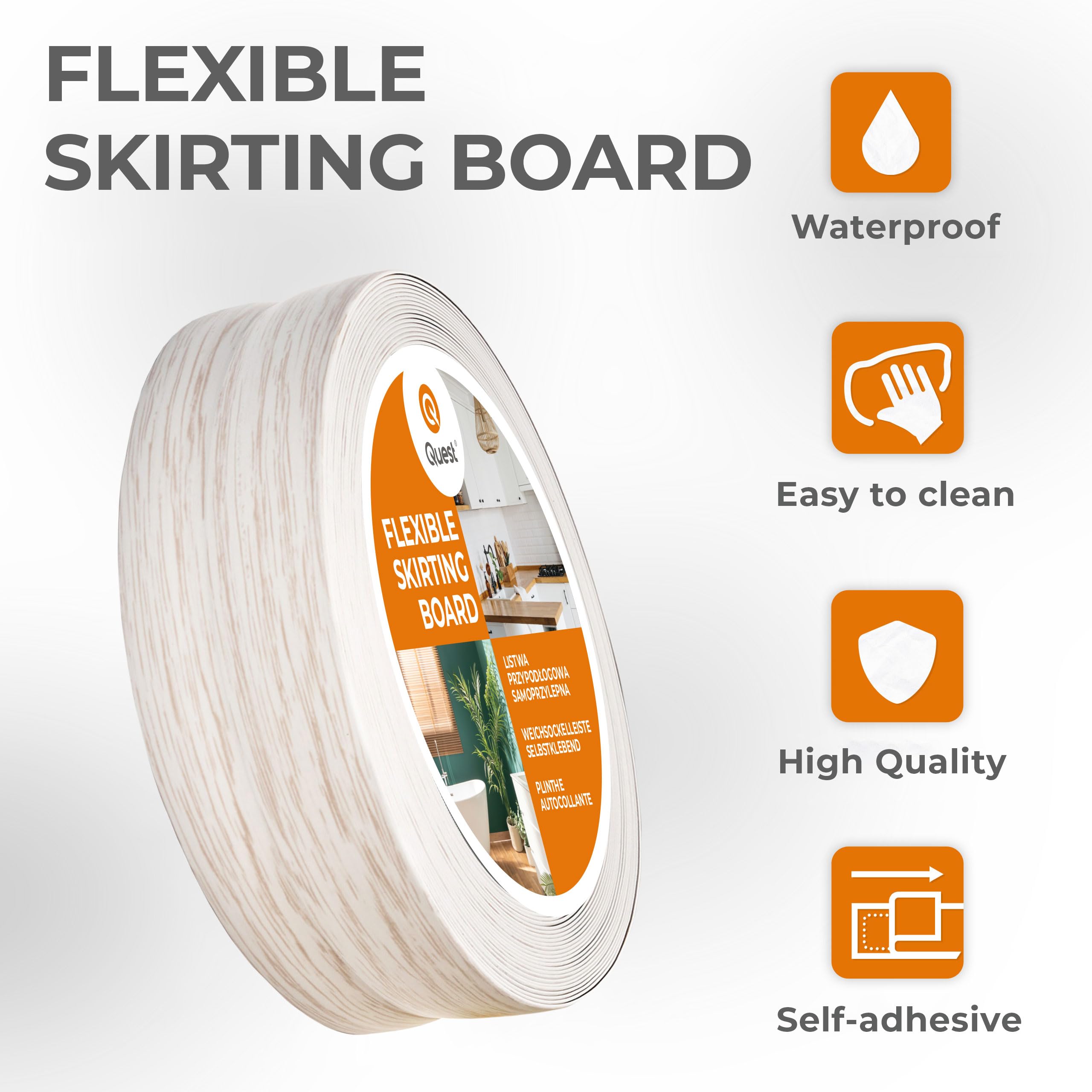 Quest Battiscopa Morbido Adesivo - 50 mm x 20 mm - Listello in PVC, Finitura Flessibile, Profilo Angolare per Cucina, Bagno, Parete, Pavimento - Decorativo (Betulla, 5m)