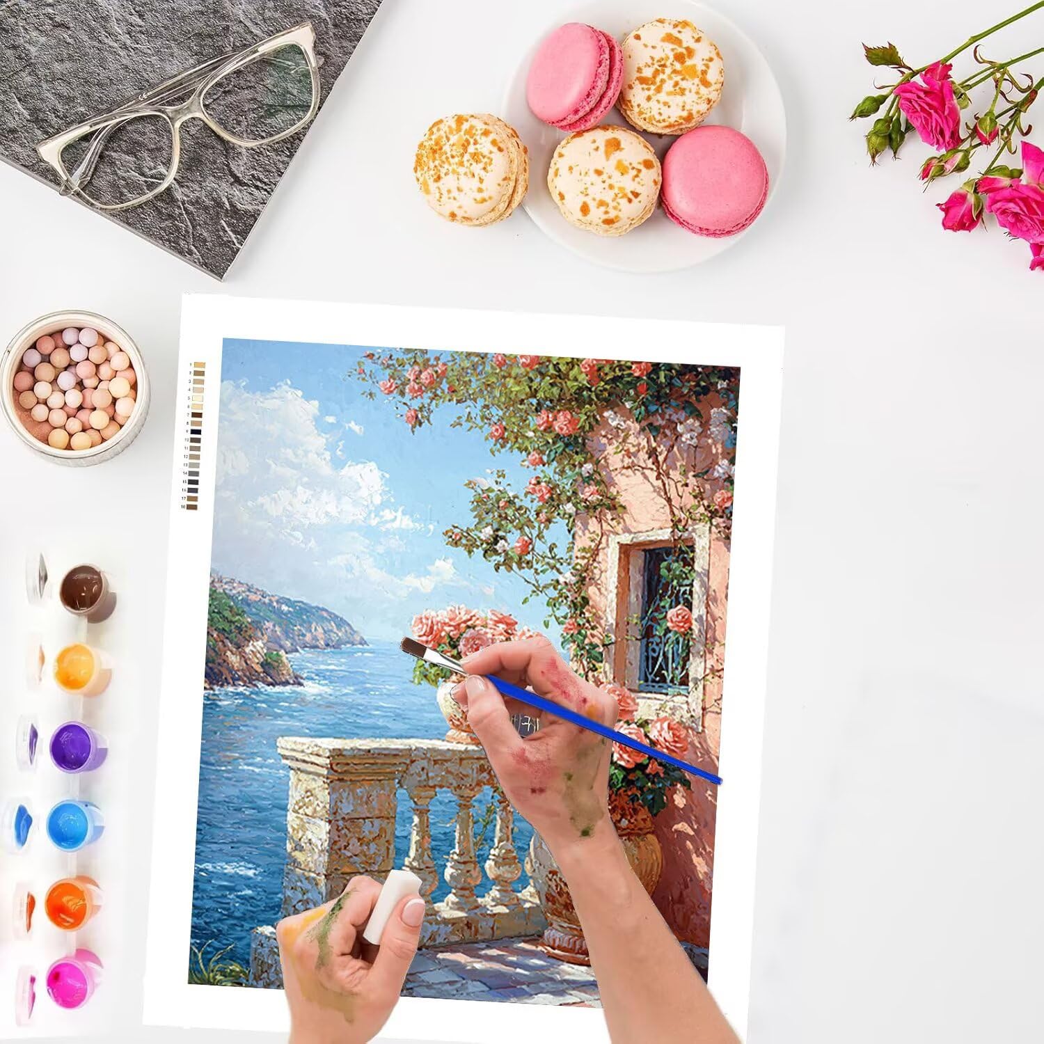 Vista marina floreale Dipingere con i Numeri per Adulti, 70x90cm a-405 | Pittura a Olio Kit, fai da te Quadri da Dipingere Numerat, Adulti Bambini Hobby Creativi,Pittura Adulti Decora la Casa Regalo
