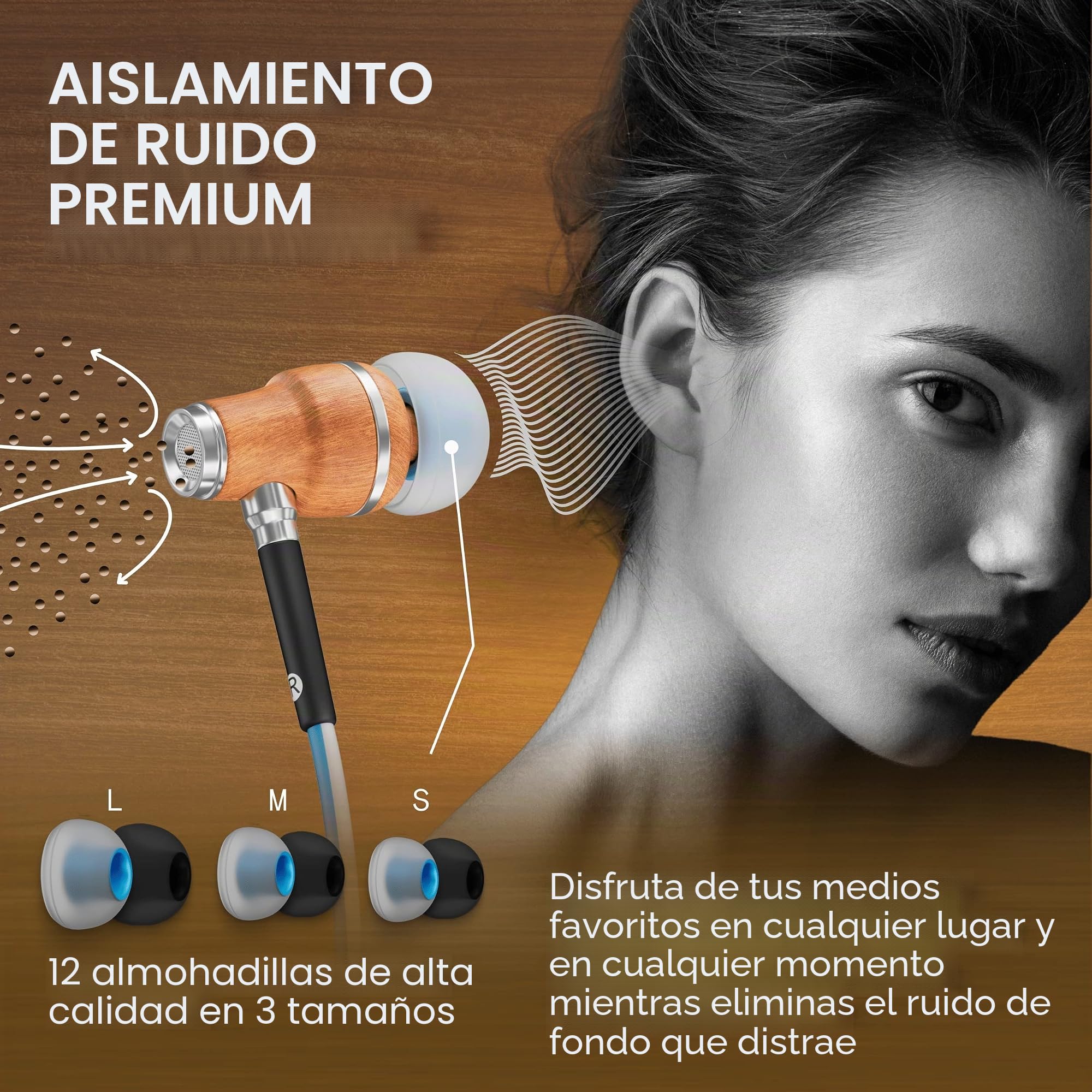 Symphonized® Auriculares con Cable y Microfono, Bajos 8mm con Madera de Bubinga Sonido 3D, Auriculares Cancelacion Ruido Activa Premium, Cable Jack 3.5 mm, Control Volumen Movil, Pc y Tablet. NRG
