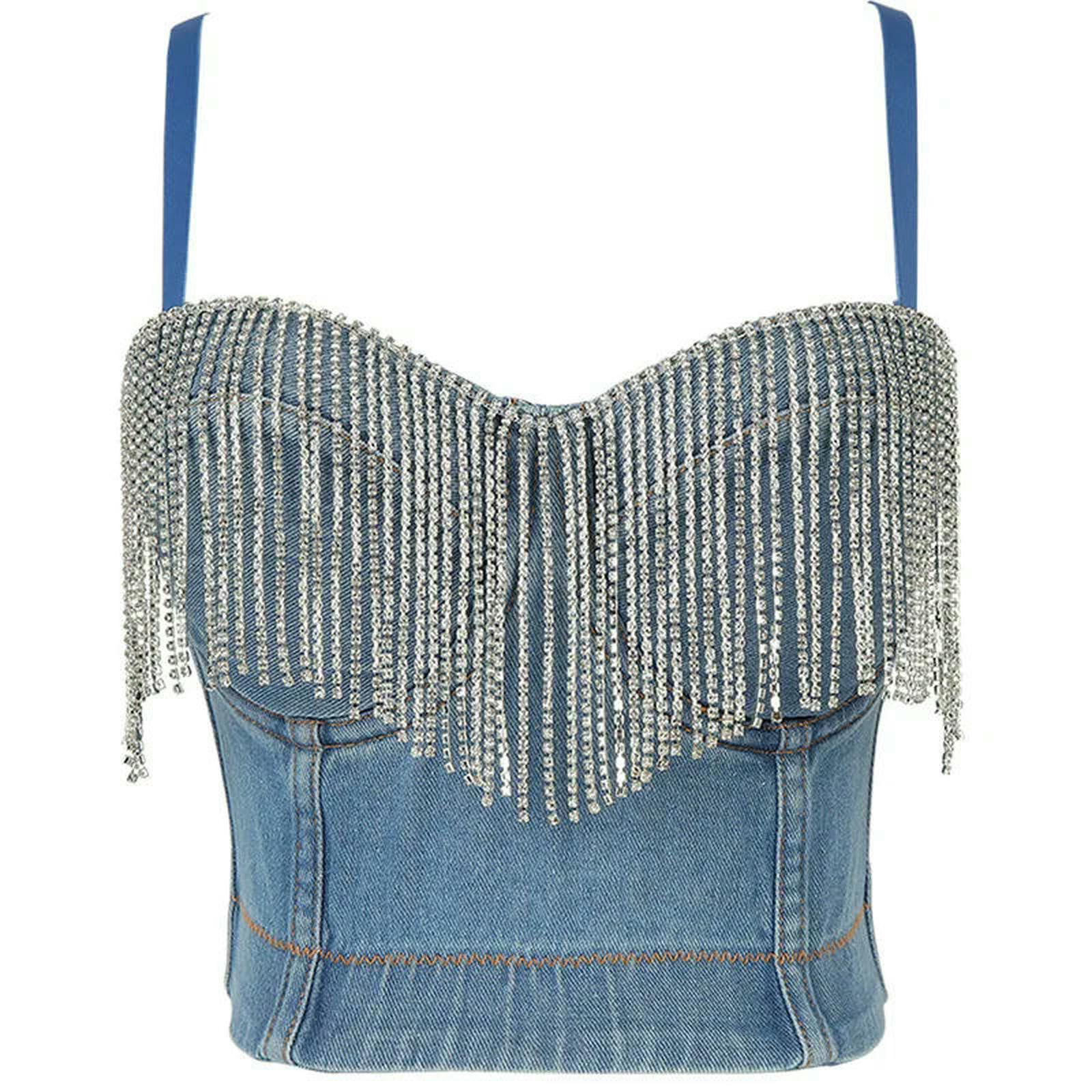 Ceinture Bling Femme Crop Top Top Letnie Damskie Sukienki Wycięte Koszule Seksowne Push Up Denim Biustonosz Bez Pleców Odzież Klub Impreza-db999-s