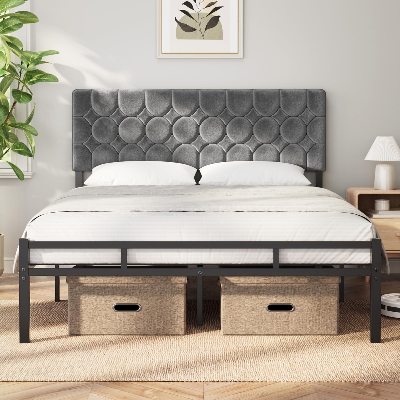 KUTAS 5ft King Size Bed Frame, 150 x 200 cm, with Adjustable Headboard, Upholstered Velvet Bed, Heavy Duty Metal Bed Frame with Storage, Noise Free, Easy Assembly, 500kg Capacity, Modern Grey