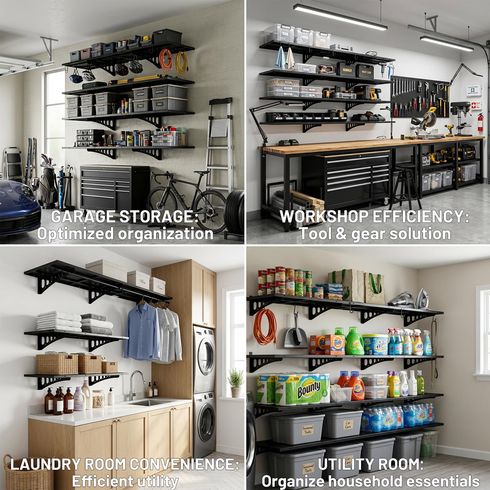 Cuguords 4-Pack 1.5x4ft Wall Storage Shelves, 1000 Lbs Garage Wall Shelf, Heavy Duty Floating Tool Rack with Complete Install Kit, Black - image 3