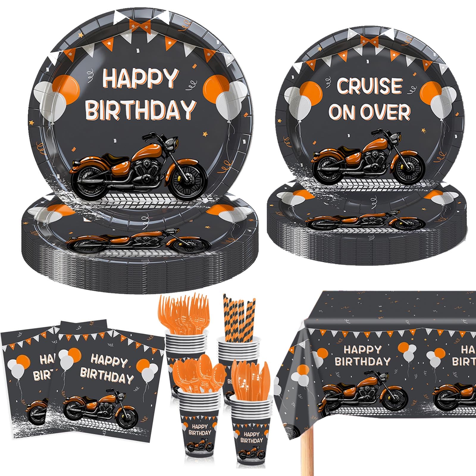 Photo 1 of MEHOFOND Motorcycle Birthday Party Decorations for Boys, Orange Black Motorcycle Birthday Plates and Napkins, Cruise On Over Paper Plates with Plastic Tablecloth, Dirt Bike Bday Party Decor,Serve 24