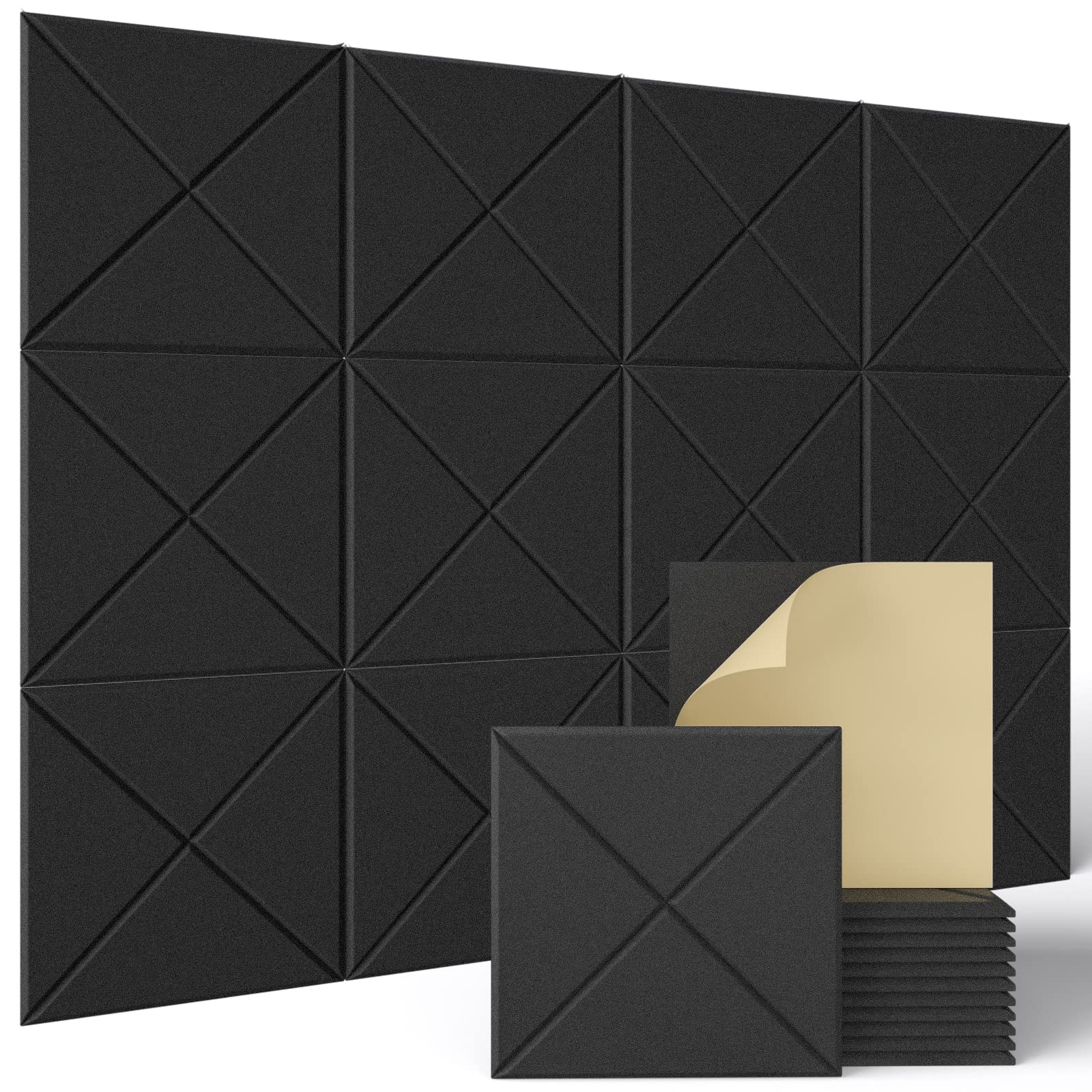 Sonicism 12 Pack X-Lined Acoustic Panels with Self-Adhesive, 12" X 12" X 0.4"Sound Proof Foam Panels, Decorative Soundproof Wall Panels, Sound Absorbing Tile for Home & Offices, Black