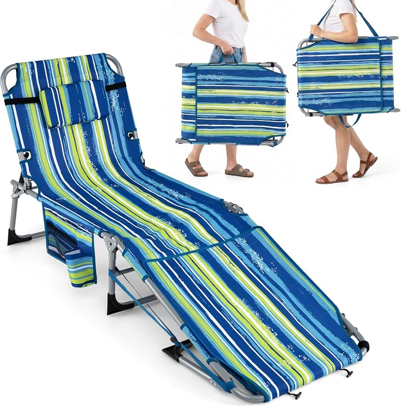 Tanning Chair, 330LBS Beach Lounge w/Face Arm Hole & Hand Shoulder Strap, Folding Layout Sunbathing Chair, Face Down Outdoor Chaise Lounger for Patio, Poolside, Backyard (1, Blue Stripe)