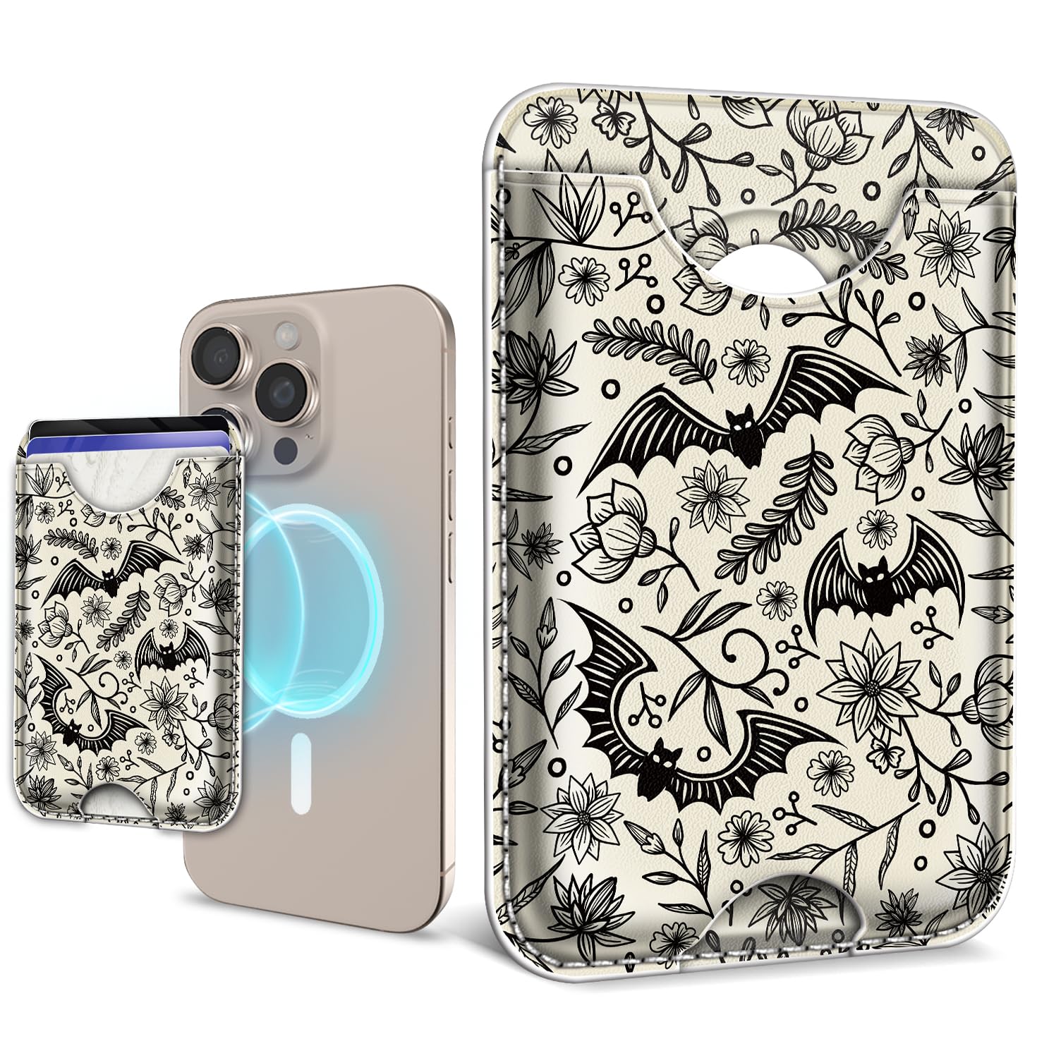 Mavellin for Magsafe Magnetic Phone Wallet, Gothic Bats Magnetic Credit Card Holder Case, Slim RFID Vegan Leather Magnet Wallet Women, Stick on Back