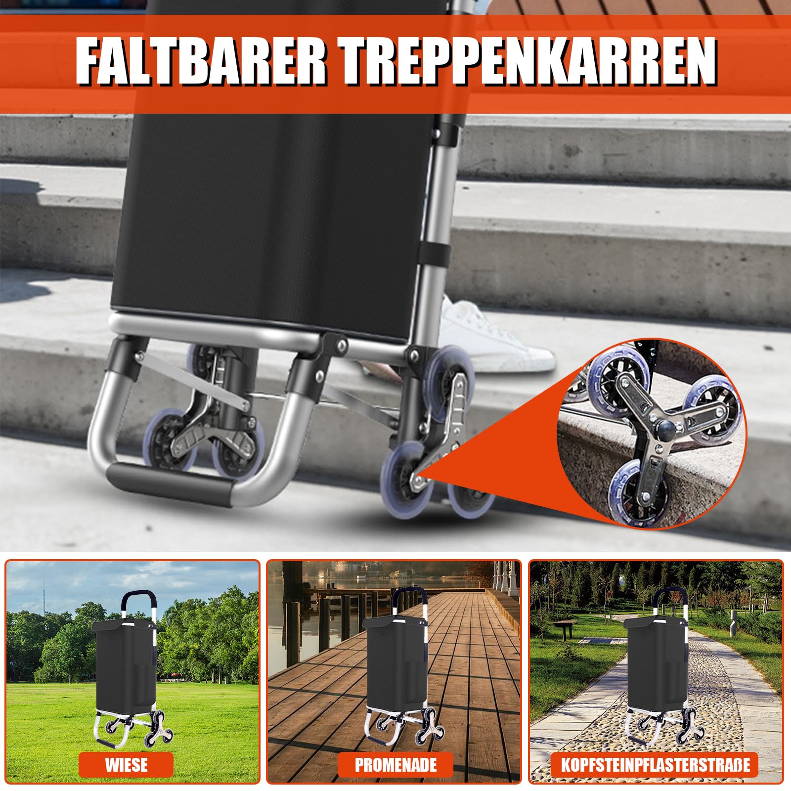 Einkaufstrolley Klappbar, 2 in1 Trolley zum Einkaufen, bis 50 kg, 56 l Kiste | Einkaufstasche mit 6 Rollen | Klappbarer Shopper | Klappbar Tasche abnehmbar | Einkaufsroller, Handwagen | Schwarz