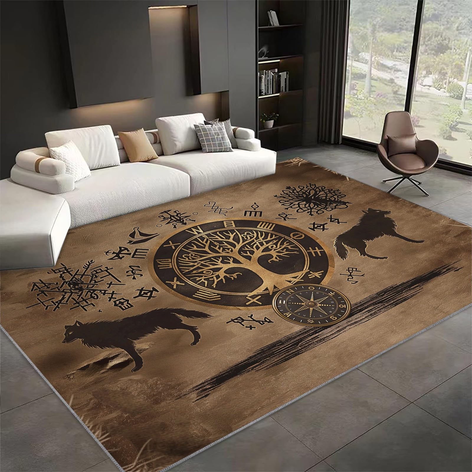 Teppich Wohnzimmer 120x170 cm Waschbarer Teppiche, Alter Wikinger Baum und Wolf Teppich Schlafzimmer - Vintage Kurzflor Teppiche für Wohnzimmer Schlafzimmer Kinderzimmer