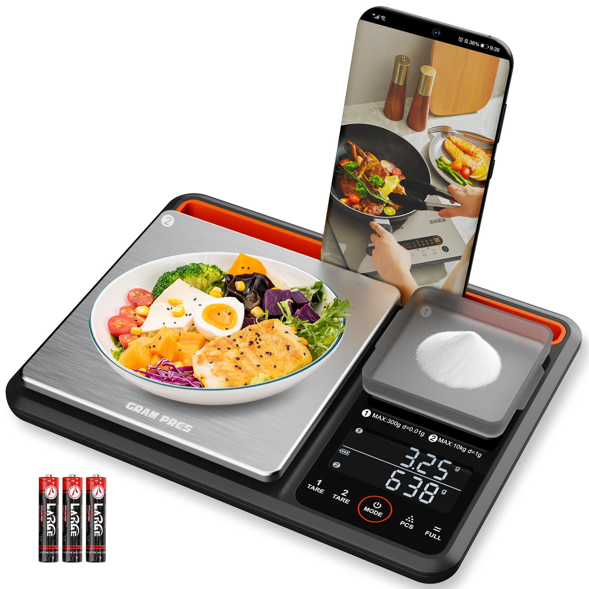 GRAM PRES Báscula digital de cocina y alimentos de doble plataforma, 0,01 g/300 g y 1 g/10 kg