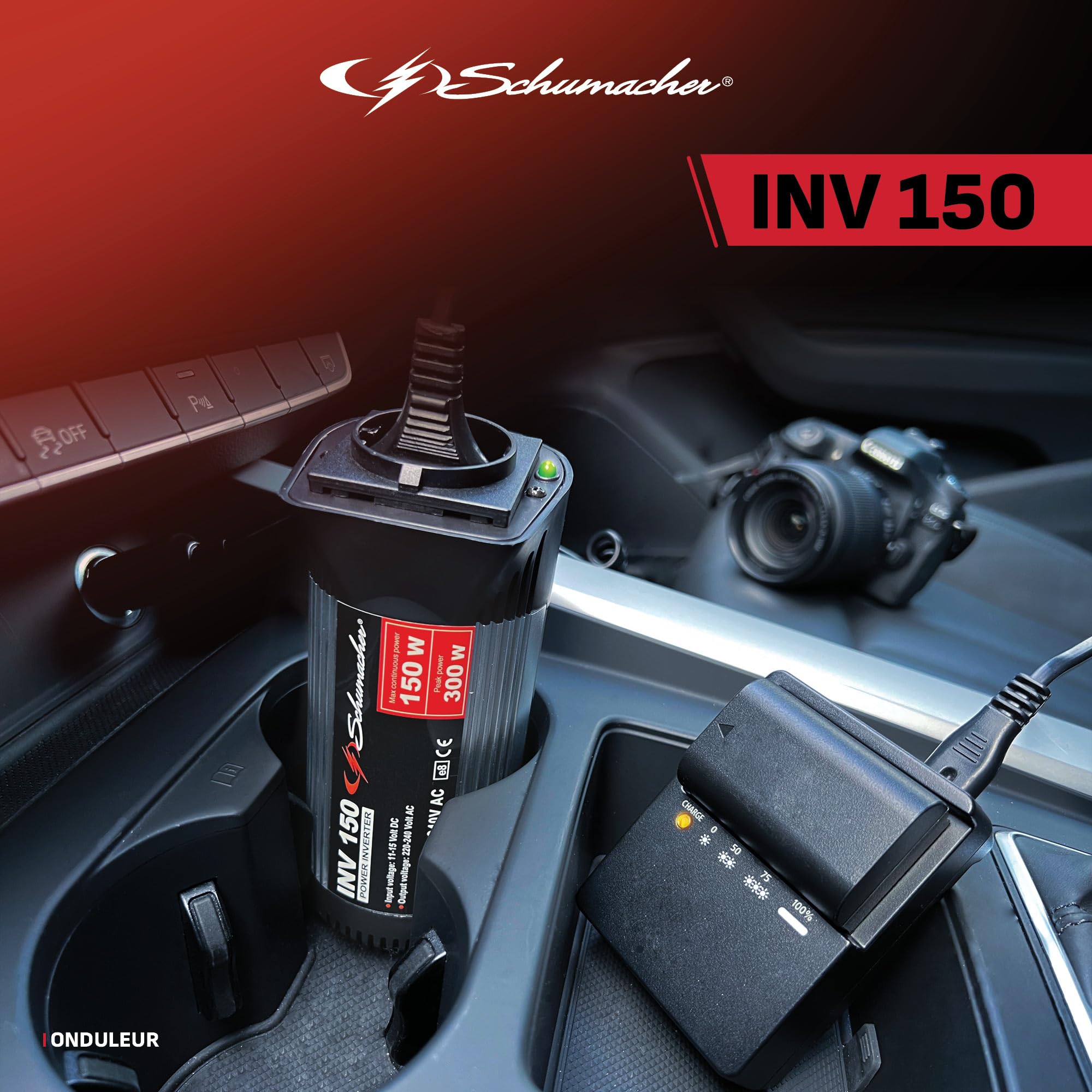 Schumacher Electric INV150 - Convertisseur 300W, 12V à 220V/240V - Onduleur pour Voiture - Prise Allume-Cigare avec Adaptateur de Chargeur Rapide et USB - Chargez Smartphone, Tablette, Ordinateur