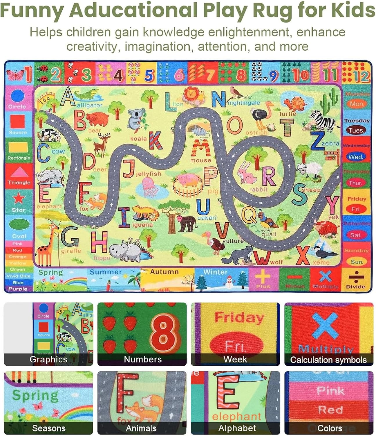 Terrug Kids Rug for Playroom & Classroom, Washable Nursery Carpet, Non-Slip Play Mat - ABC, Numbers, Animal, Color, Season - 3x5 Feet