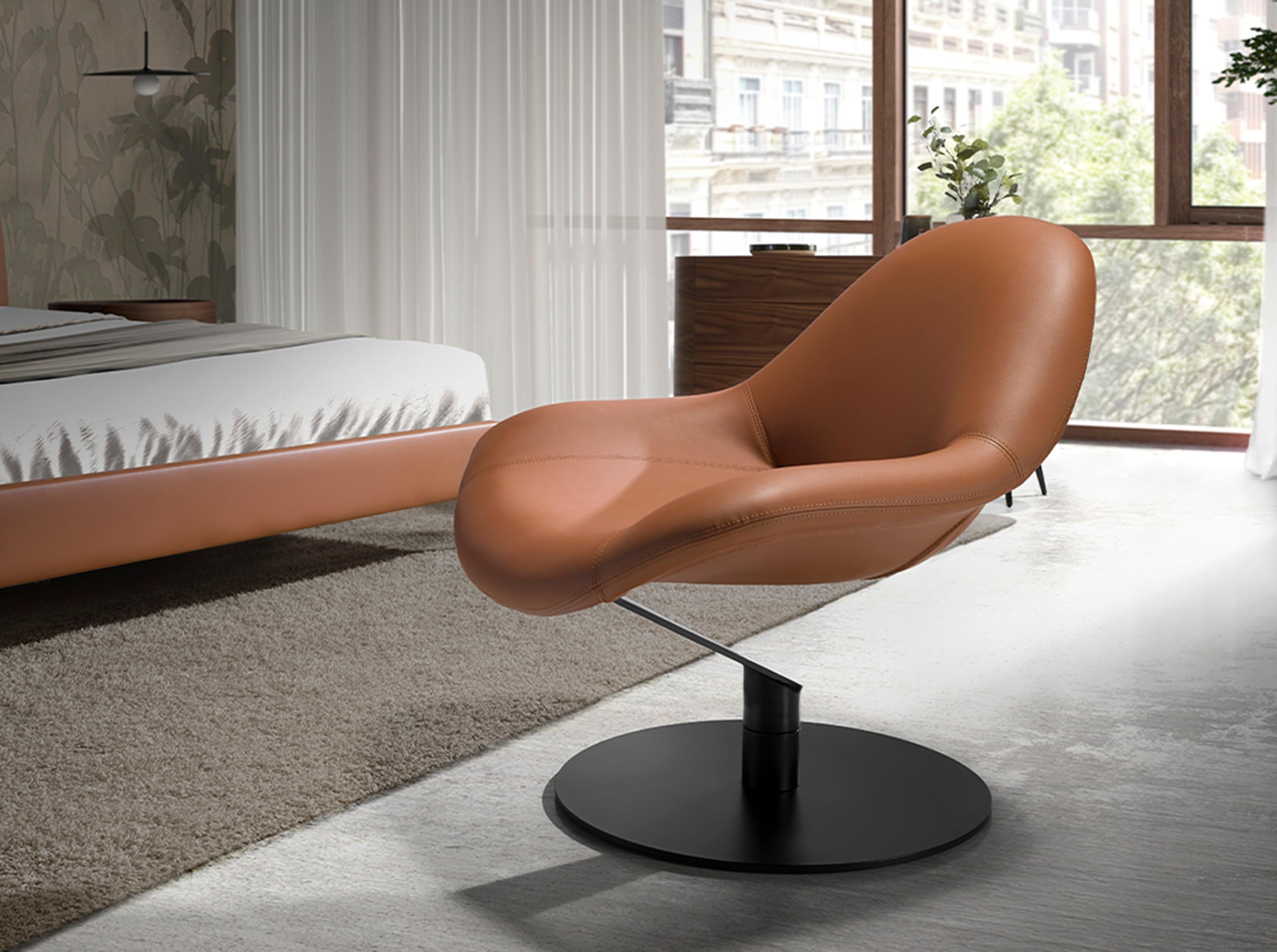 Angel Cerdá – Sillon Moderno Giratorio Tapizado en Polipiel Marrón, Giro 360º | Respaldo Alto y Reposabrazos | Patas de Acero Inoxidable Negro Mate | Diseño para Salón | 86 x 83 x 79 cm