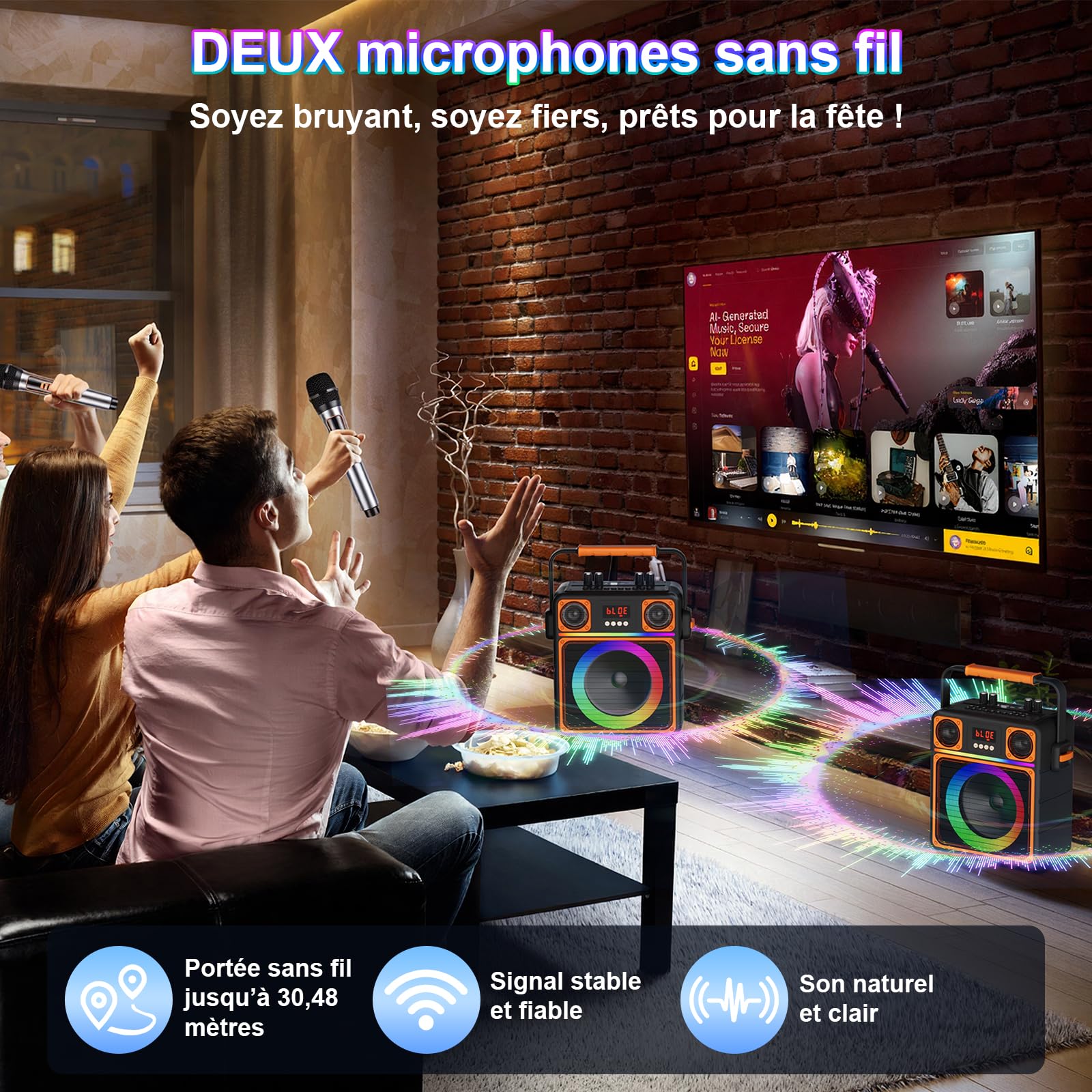 Machine de Karaoké avec 2 Microphones Sans Fil, GuKKK Haut-Parleur de karaoké Bluetooth Portable pour Adultes et Enfants, Système de Sonorisation de Fête avec Lumières Disco,Supporte TWS/FM/AUX/USB/TF