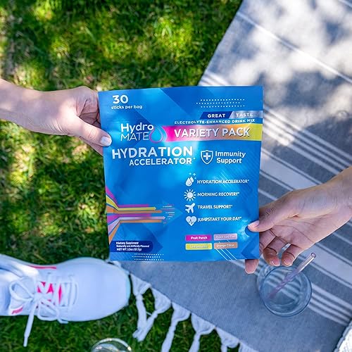Miniatura 2 de HydroMATE - Paquetes de mezcla de electrolitos en polvo acelerador de hidratación bajo en azúcar recuperación rápida de fiestas más vitamina C