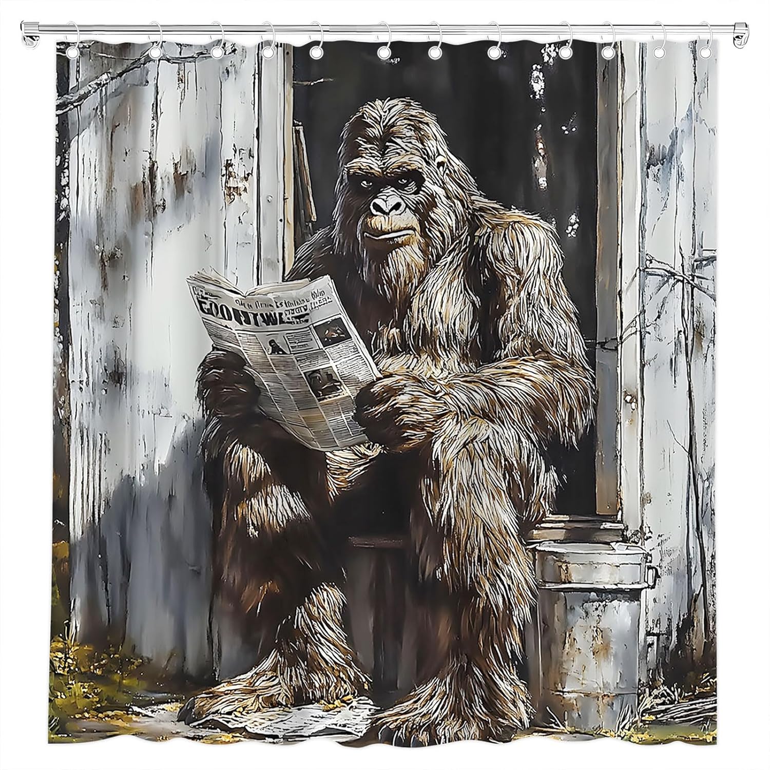 Funny Gorilla Shower Curtain Farmhouse Rustic Hilarious Animal Read Newpaper Vintage Chimpanzee Man Retro Wooden Door Bath Curtain Fabric Bathroom Accessories Decor with Hooks 70W x90L