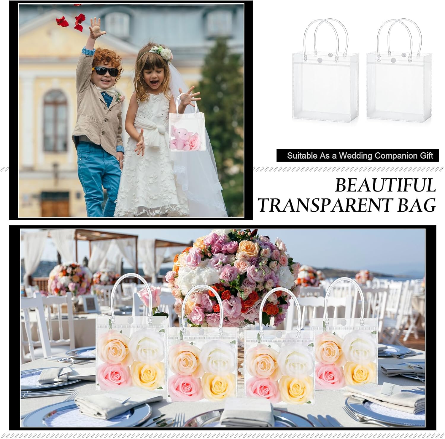 Abbylike 200 Pcs Clear Plastic Gift Bags with Handle 5.9x6.3x2.8 Inch Transparent PVC Bag Bulk Reusable Shopping Tote Handbags for Wedding Birthday Baby Shower Mother's Day Party Favor Wrapping - Image 5