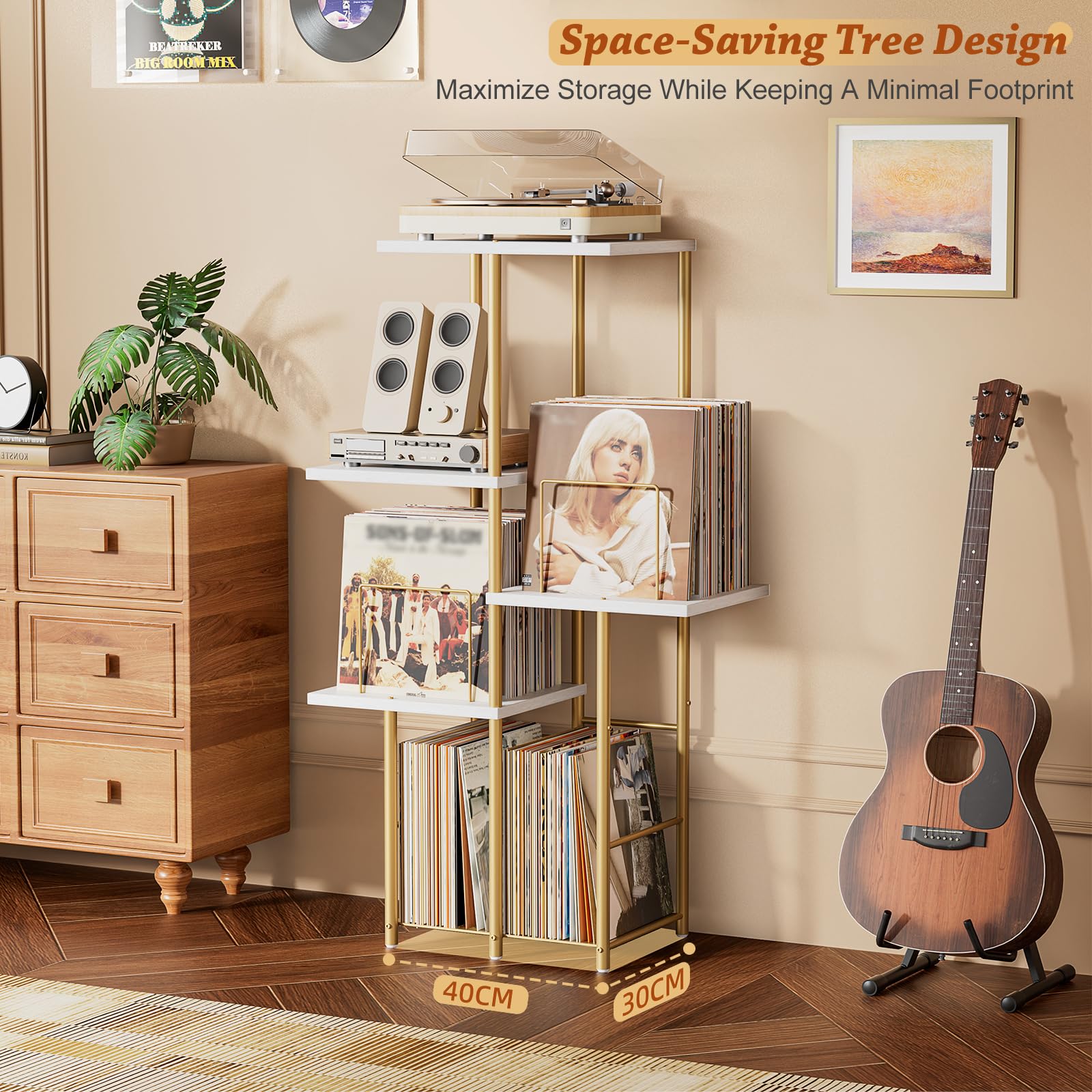 Bikoney Tavolo Porta Giradischi con Mobile per Dischi in Vinile - Oro | Consolle Alta in Legno per Soggiorno e Camera, Supporto per Giradischi Salvaspazio con Espositore e Organizer LP