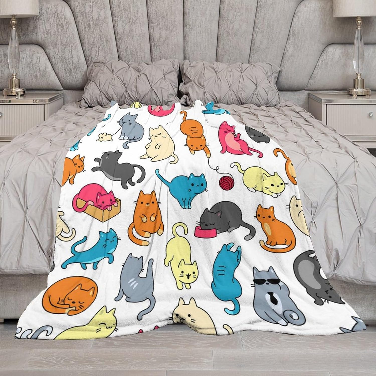 Kitten Flannel Blanket, Animal Pet Colorful Cat Super Soft Warm and Cozy Cat Lover Gift Flannel Material, Sofa Bed for(330GSM Flannel) 50 W x 70 L