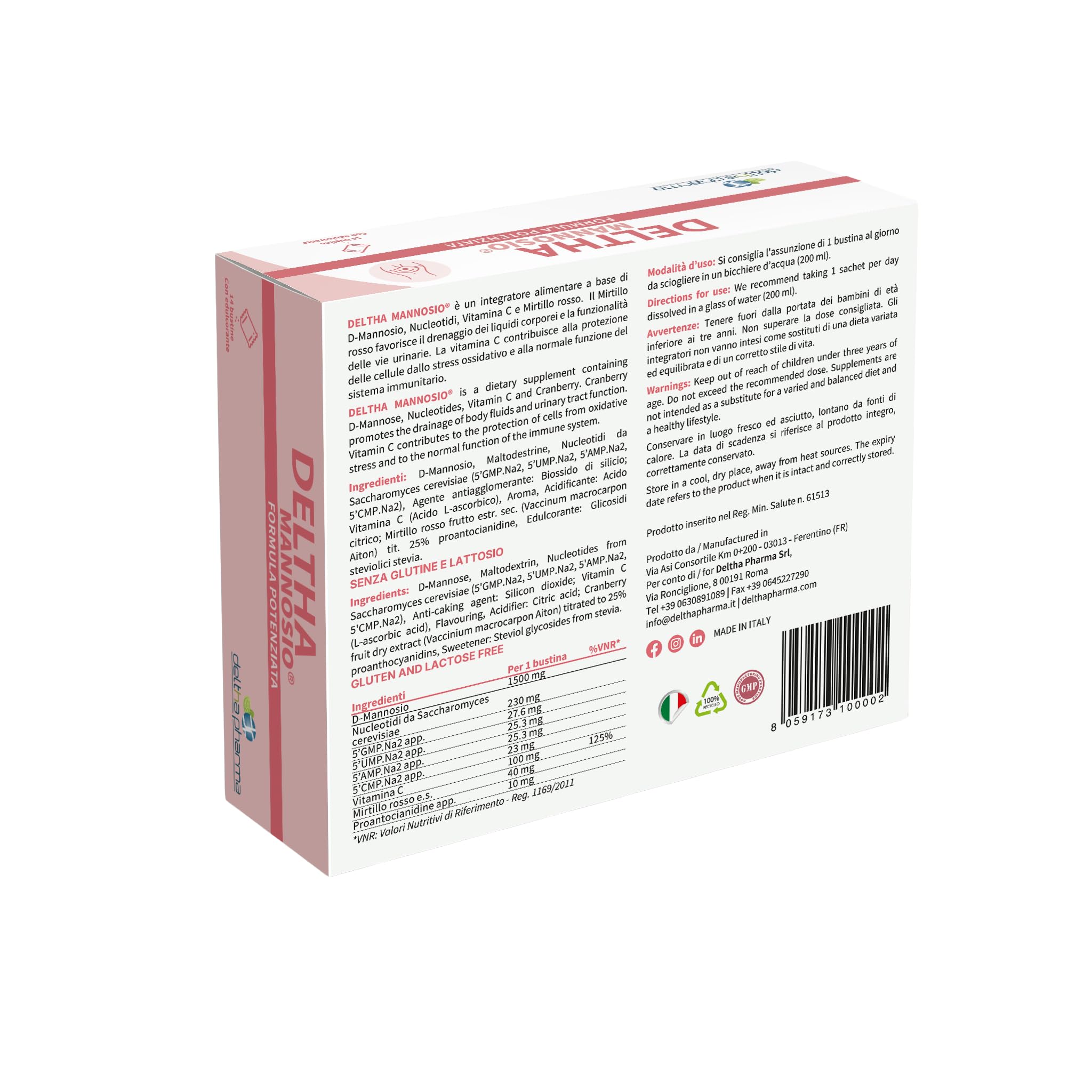 Deltha Mannosio Integratore Alimentare di D-mannosio Puro Ad Alto Dosaggio 1000 Mg, Nucleotidi e Mirtillo Rosso (cranberry) - 20 Bst, color Bianco, 656 ml