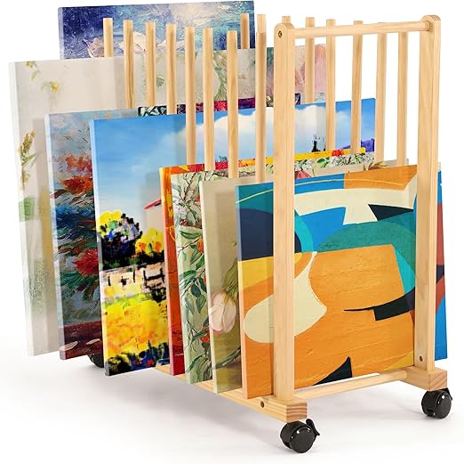 VISWIN Art Storage Rack with Casters & Handle - Wooden Drying & Display Rack with Adjustable Slots for Canvas, Prints, Panels & Posters, Ideal Art Organizer for Studios & Galleries