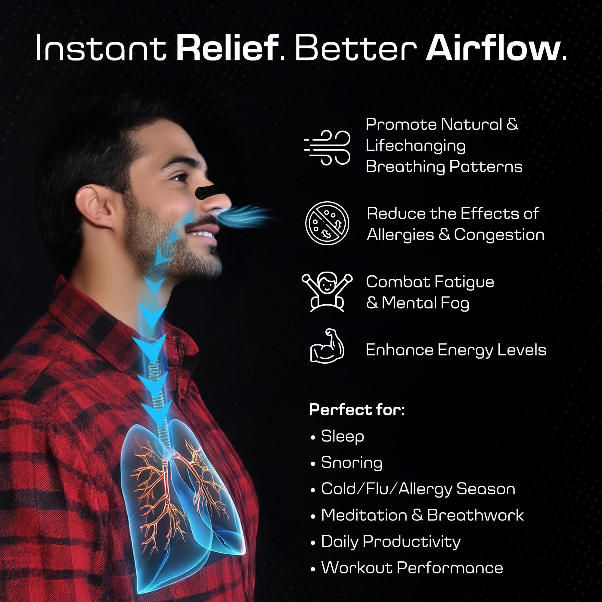 (60 unidades) Tiras nasales para ronquidos, tiras nasales para respirar, solución antironquidos y cinta nasal para aliviar la congestión nasal para dormir, color negro, ajuste universal, extra