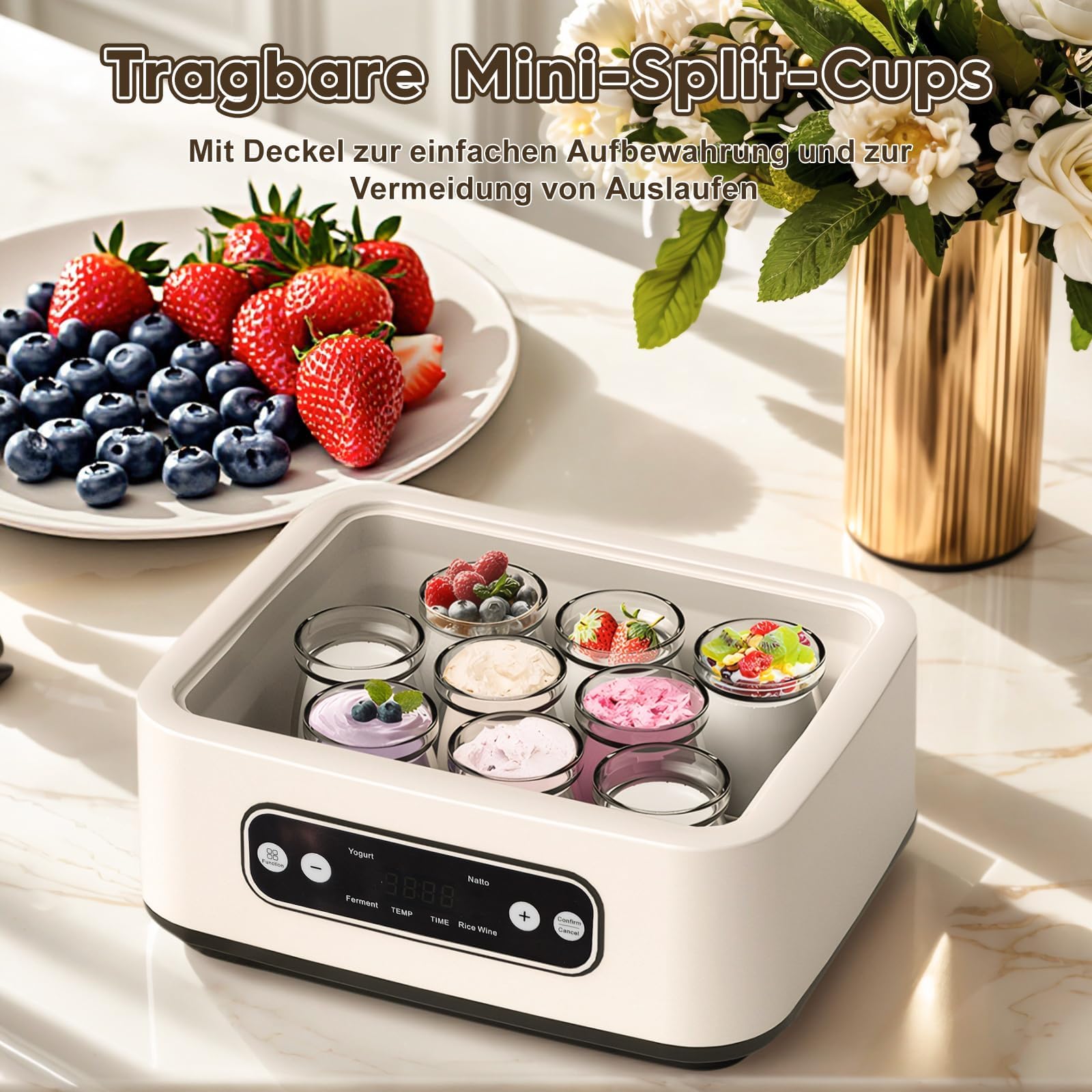 Joghurtbereiter mit einem 1,6-Liter-Edelstahleinsatz und 9 Glasbehälter à 100 ml, Abschaltautomatik & LCD-Display, Automatische Joghurtmaschine für DIY Joghurt, Käse-, Natto-Zubereiter