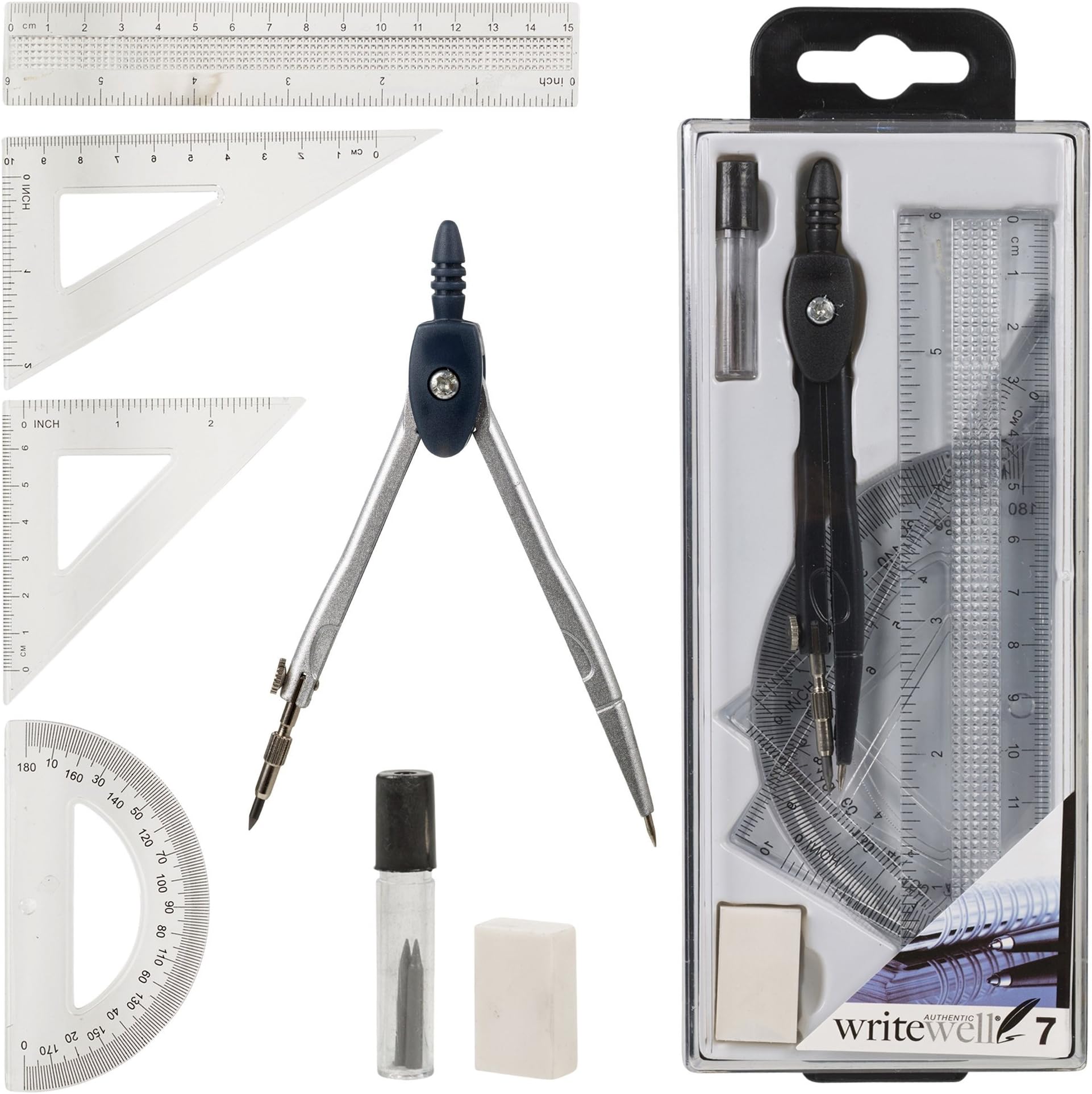 Writewell 8 Pc Compass Precision Drawing Set Ruler Protractor Boxed Case School Geometry
