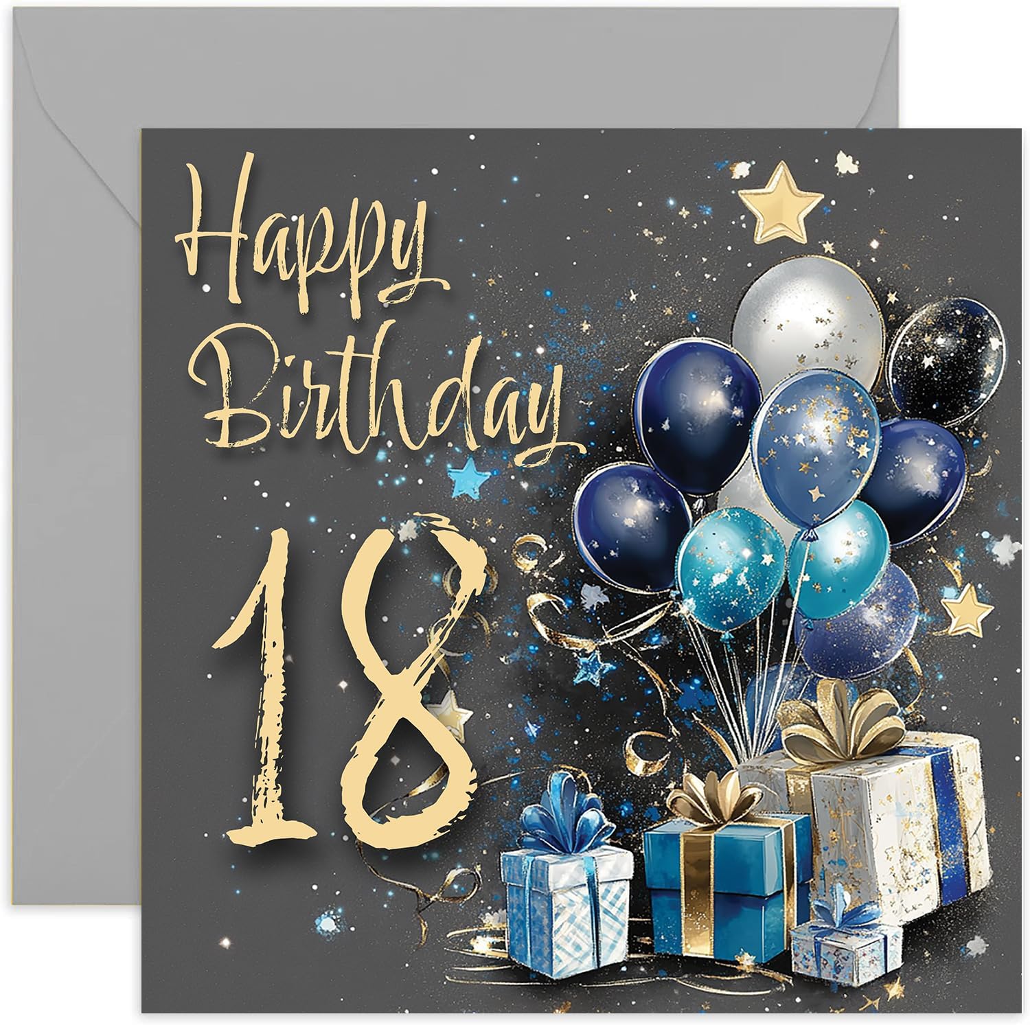 Special Male 18th Birthday Card for Men - Eighteen Years Old - Blue and Gold Gifts and Balloons Artwork for Men - Stylish and Traditional Milestone