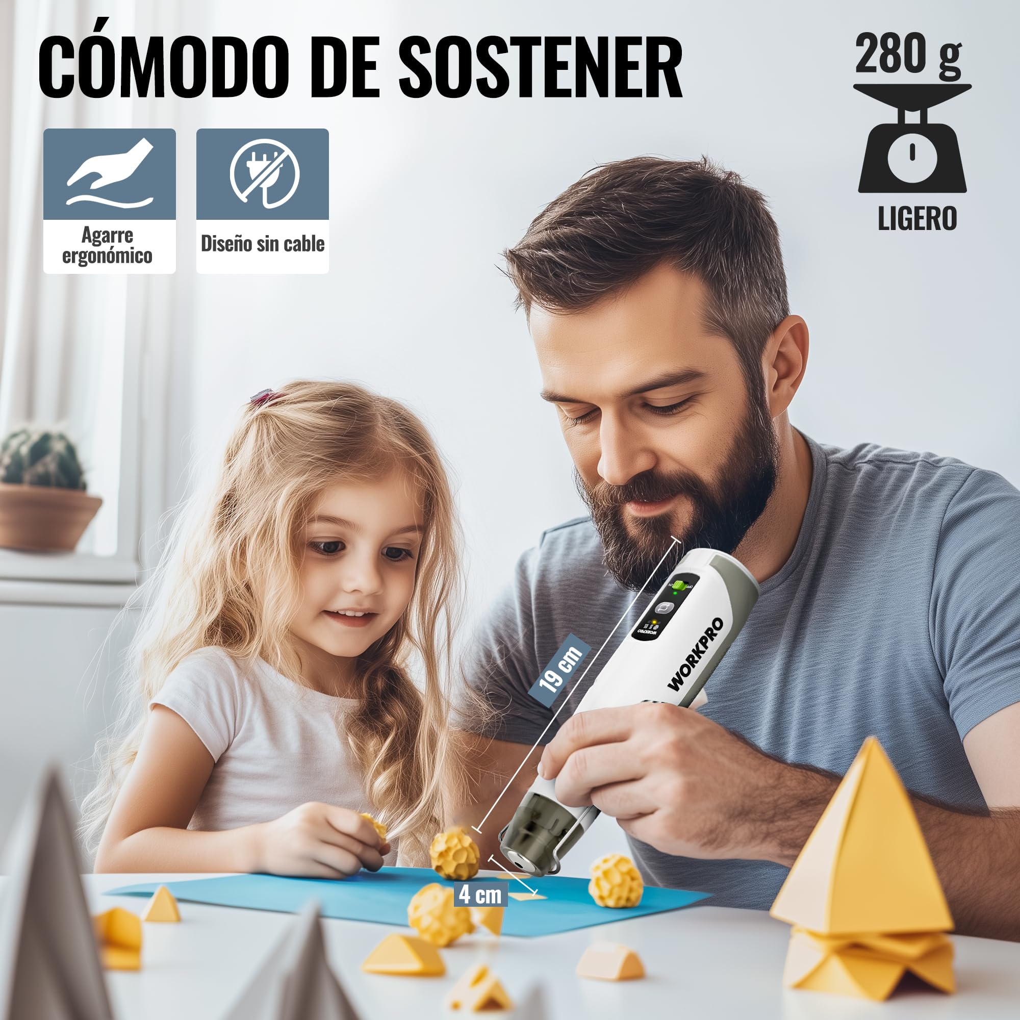 WORKPRO Pistola de aire caliente inalámbrica Mini, 3 ajustes de temperatura, calentamiento rápido con boquilla reflectora y 50 tubos termorretráctiles, ideal para bricolaje, repujado y manualidades