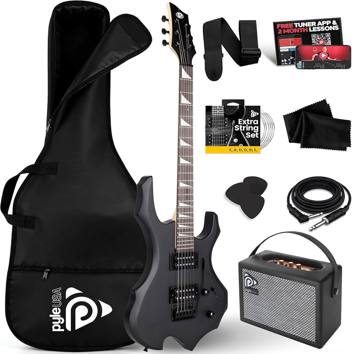 Pyle Heavy Metal EG Fire Electric Guitar Axe w/ Amplifier Kit, Full Size Instrument w/ Practice Amp & Accessories, Metal Axe, Black - Amazon product rated Grade A