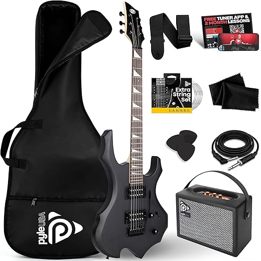 Pyle Heavy Metal EG Fire Electric Guitar Axe w/ Amplifier Kit, Full Size Instrument w/ Practice Amp & Accessories, Metal Axe, Black