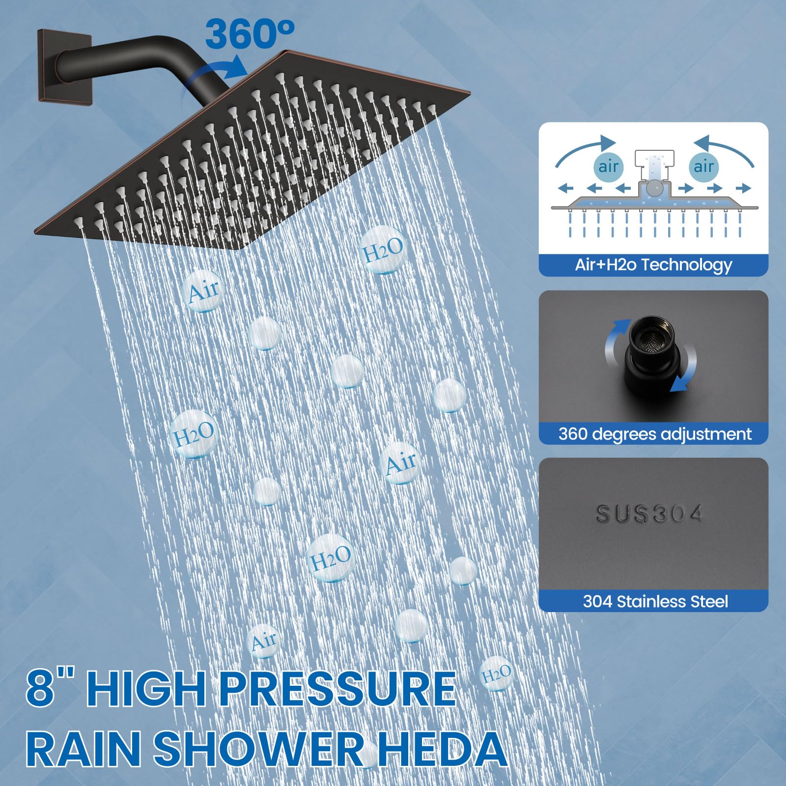 Airuida Set di rubinetto doccia doccia a pioggia per bagno, soffione quadrato da 20,3 cm, funzione unica, kit di assetto per maniglia con filettatura femmina, piastra di copertura