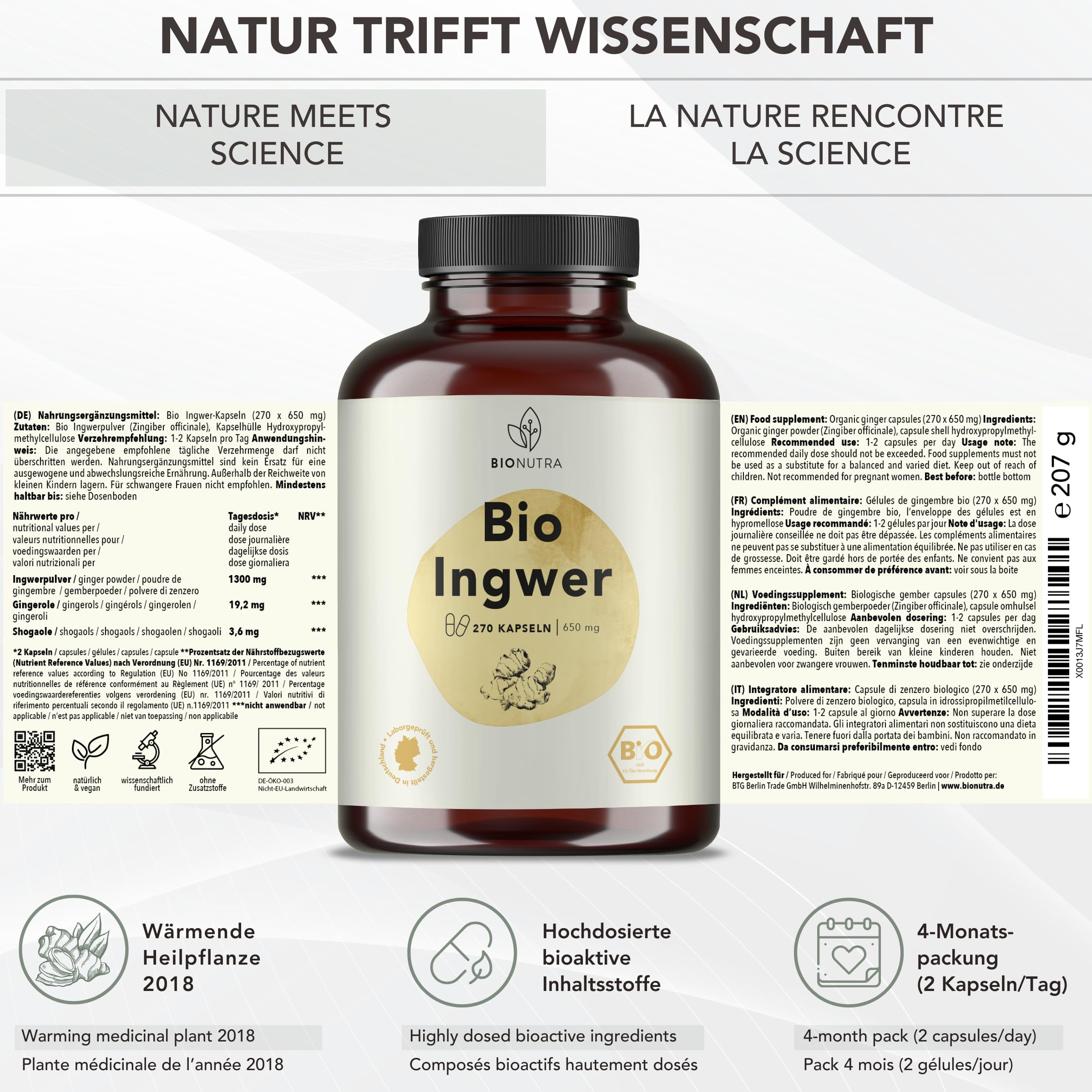 BIONUTRA® Capsule di zenzero biologico, alto dosaggio 1300 mg/giorno, controllo residui, produzione tedesca, vegane, senza lattosio né glutine, senza additivi, radice di zenzero bio, 270 x 650 mg