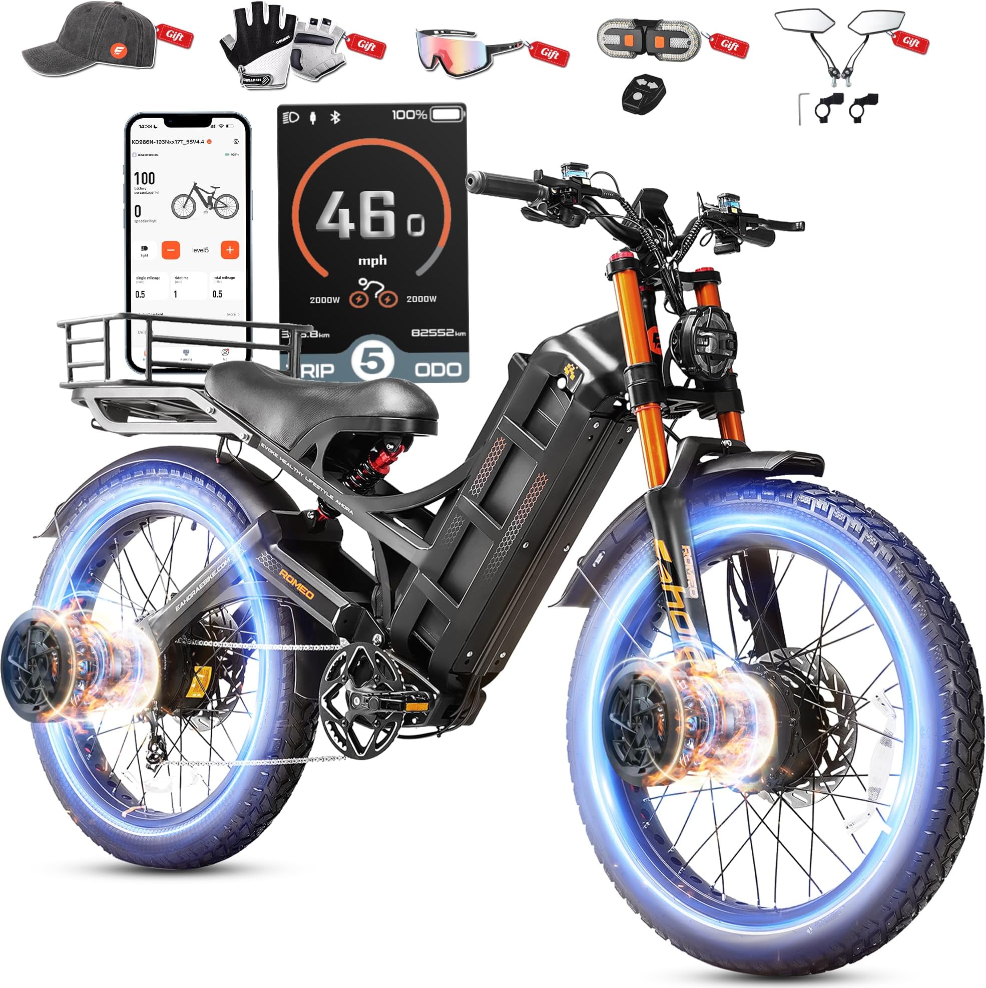 2026 eAhora Romeo Pro 3/2 50-46 Mph Electric Bike for Adults, 5600W/4000W/2500W Dual Motor Ebike 60V 80Ah/52V 70Ah Battery 200 Miles Long Range, 26*4.0"/20*4.5" Fat Tire, Full Suspension, All Terrain
