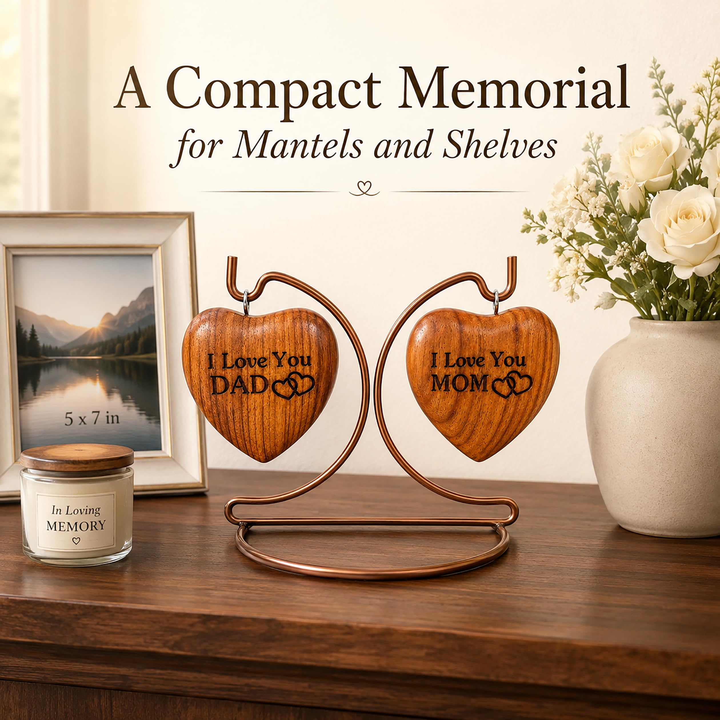 Urna de recuerdo de madera de doble corazón, pequeña urna de cremación hecha a mano para cenizas homenaje a tu mamá y papá, perfecta para tus seres queridos con soporte de exhibición con grabado "I