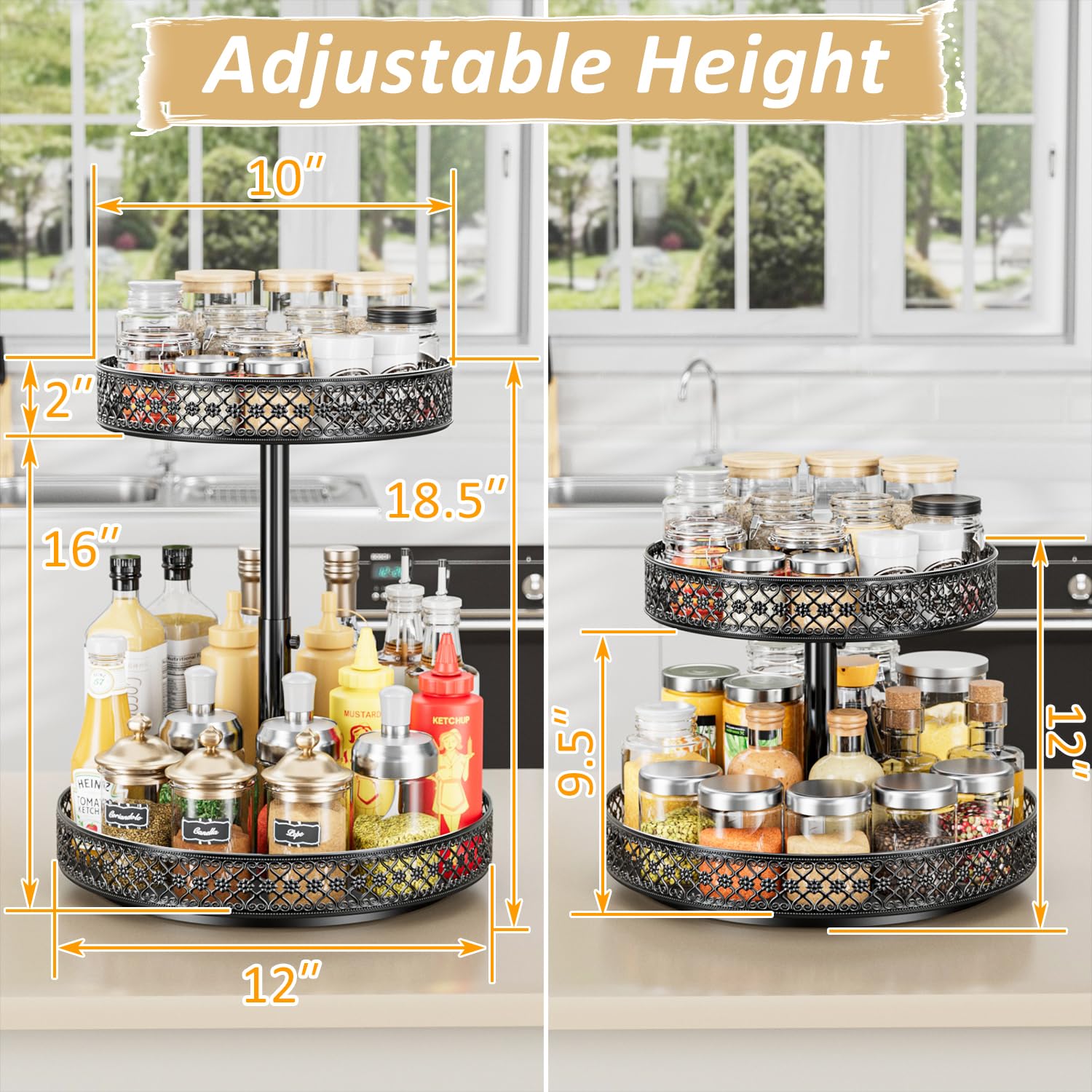 Especiero Lazy Susan 2 niveles 360°, organizador giratorio de metal 30 cm | Bandeja giratoria floral para especias y objetos pequeños. Ideal para cocina, despensa, nevera, baño y mesa.