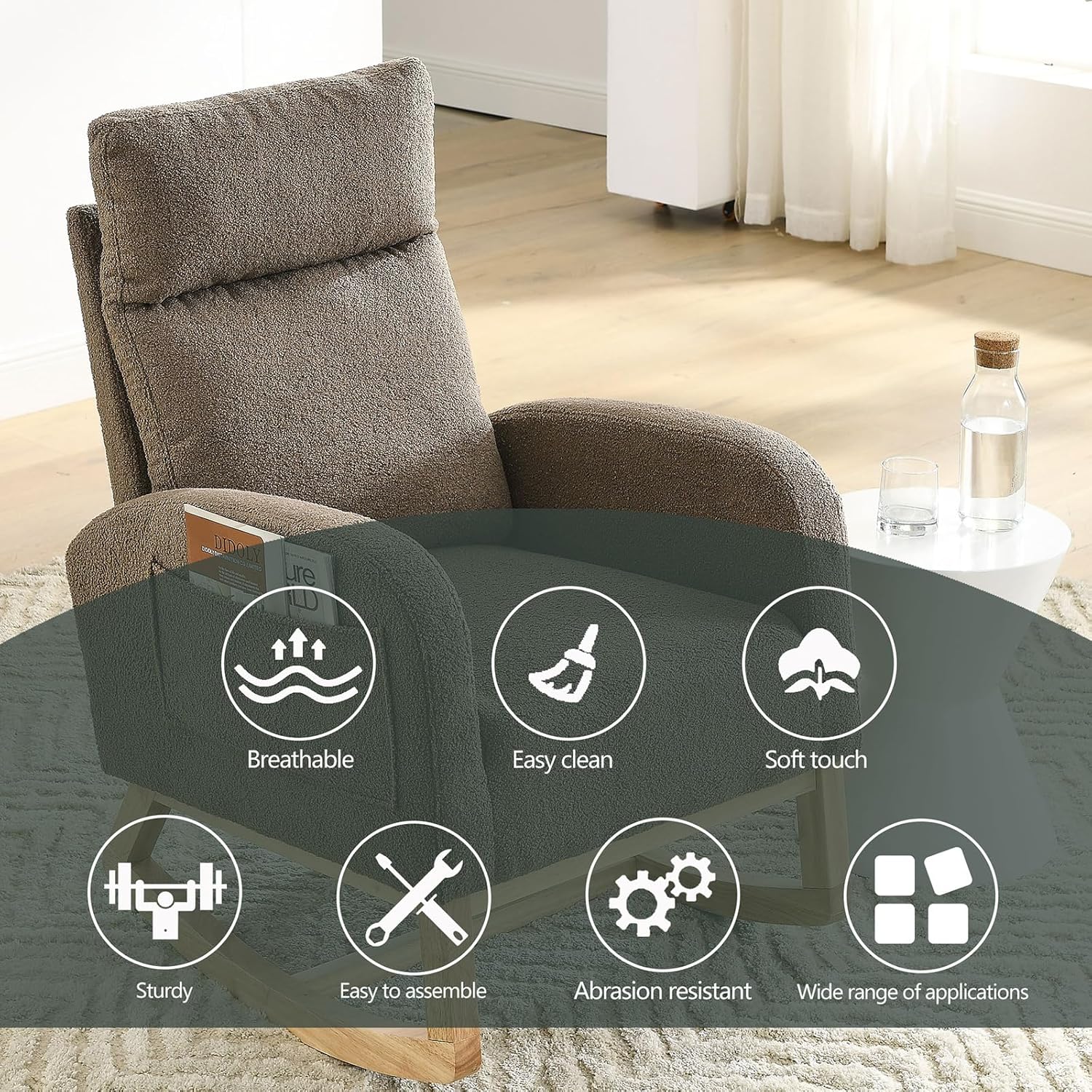 Rocking Chair Nursery Upholstered Glider Rocker Rocking Accent High Backrest Lounge Arm Chair with Two Side Pockets and Wood Base, Single Position Rocking Chair for Living Room,Bedroom,Office,Coffee