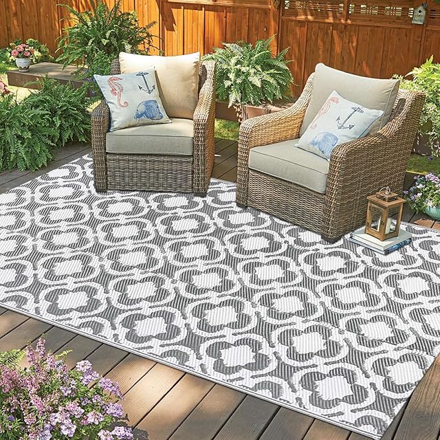 Cekene Outdoor Rugs for Patio Waterproof 120x180cm Reversible RV Camping Rug Lightweight Portable Garden Rugs Outdoor Geometric Floor Mat Large for Patio Backyard Deck Picnic Beach Trailer Grey