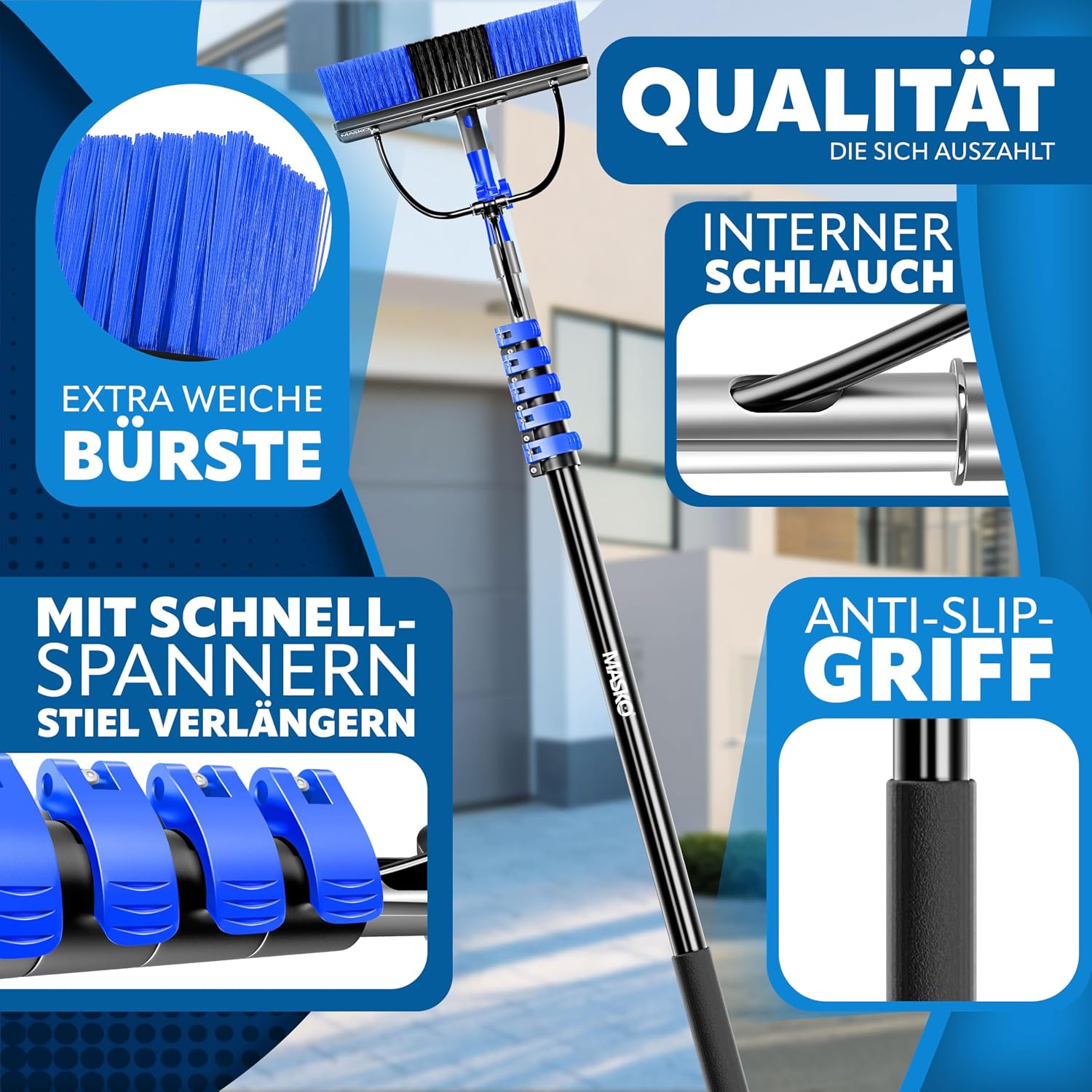 MASKO Telescopic Wash Brush features: extra soft brush, internal hose, quick clamps, anti-slip grip