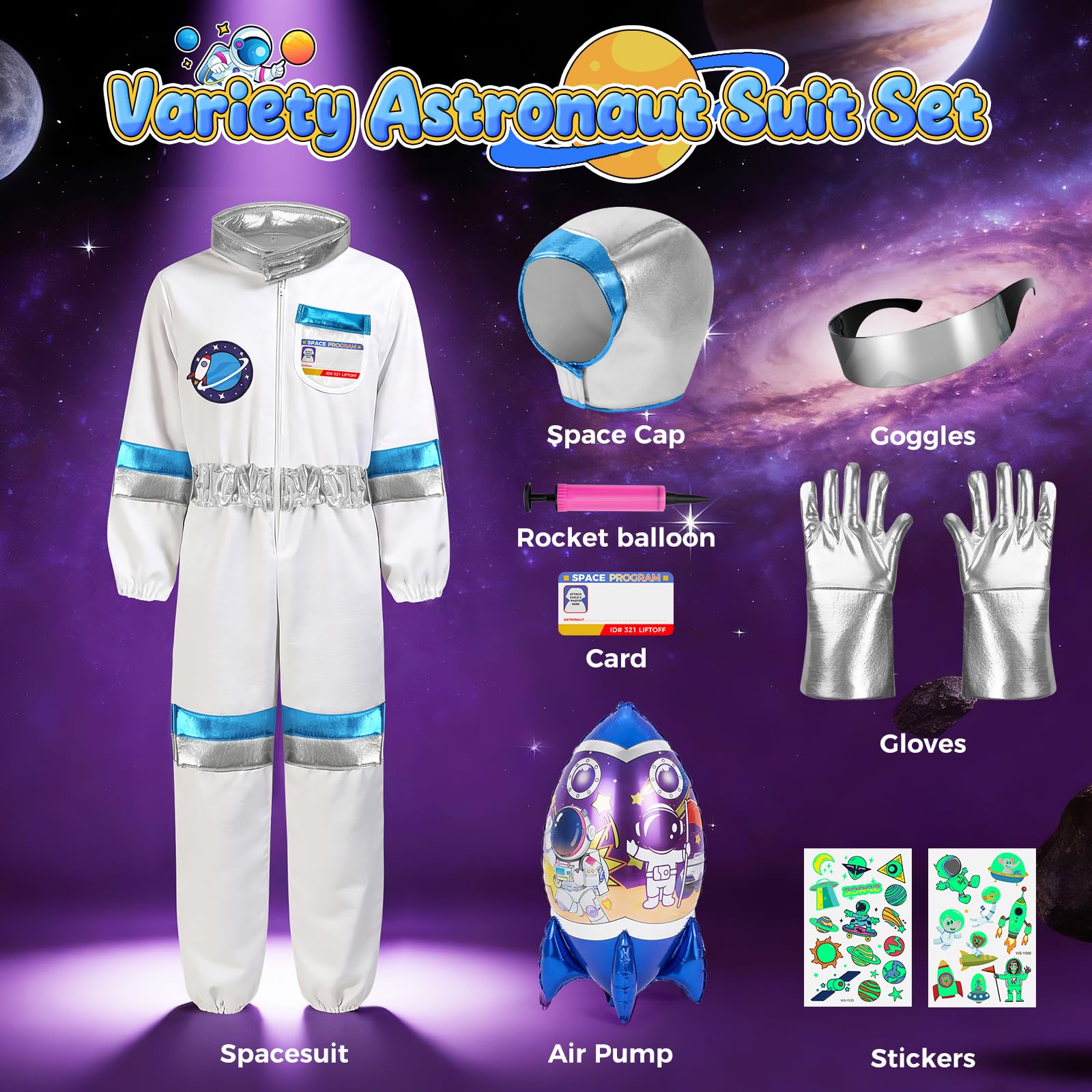Lozzzyo Costume di Astronauta per Carnevale Bambini con Casco, Guanti e Cohete Gonfiabile - Costume Astronauta Ideale per Bambini e Bambine, Perfetto per Carnevale e Spettacoli Teatrali