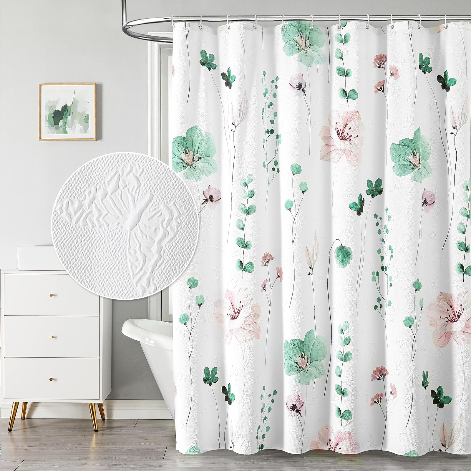 QiyI Long Shower Curtain 72 x 78, Modern Watercolor Floral Bath Curtain, 3D Embossed Sage Green Flower Cloth Bathroom Curtain, Waterproof Fabric