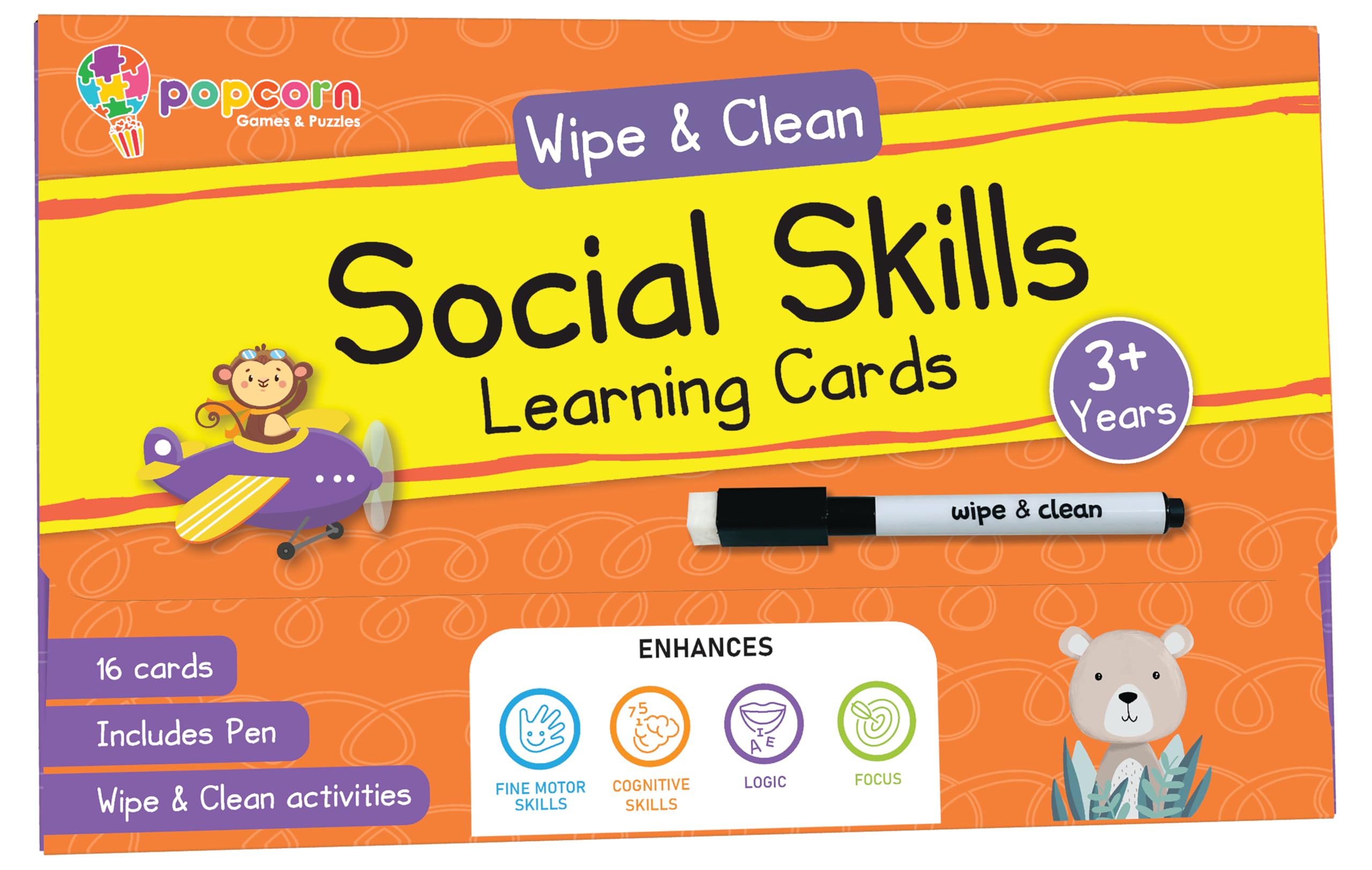 Popcorn Games & Puzzles Interactive Social_Skills Flash Cards 2+ Years Kids: Enhance Communication with Reusable Wipe & Clean Learning Cards 16 Cards with Wipe & Clean Marker