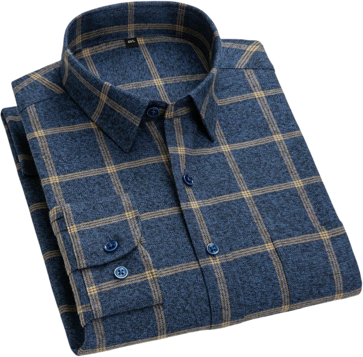 Men's Spring Cotton Flannel Middle-Aged Casual Long Sleeve Plaid Shirt