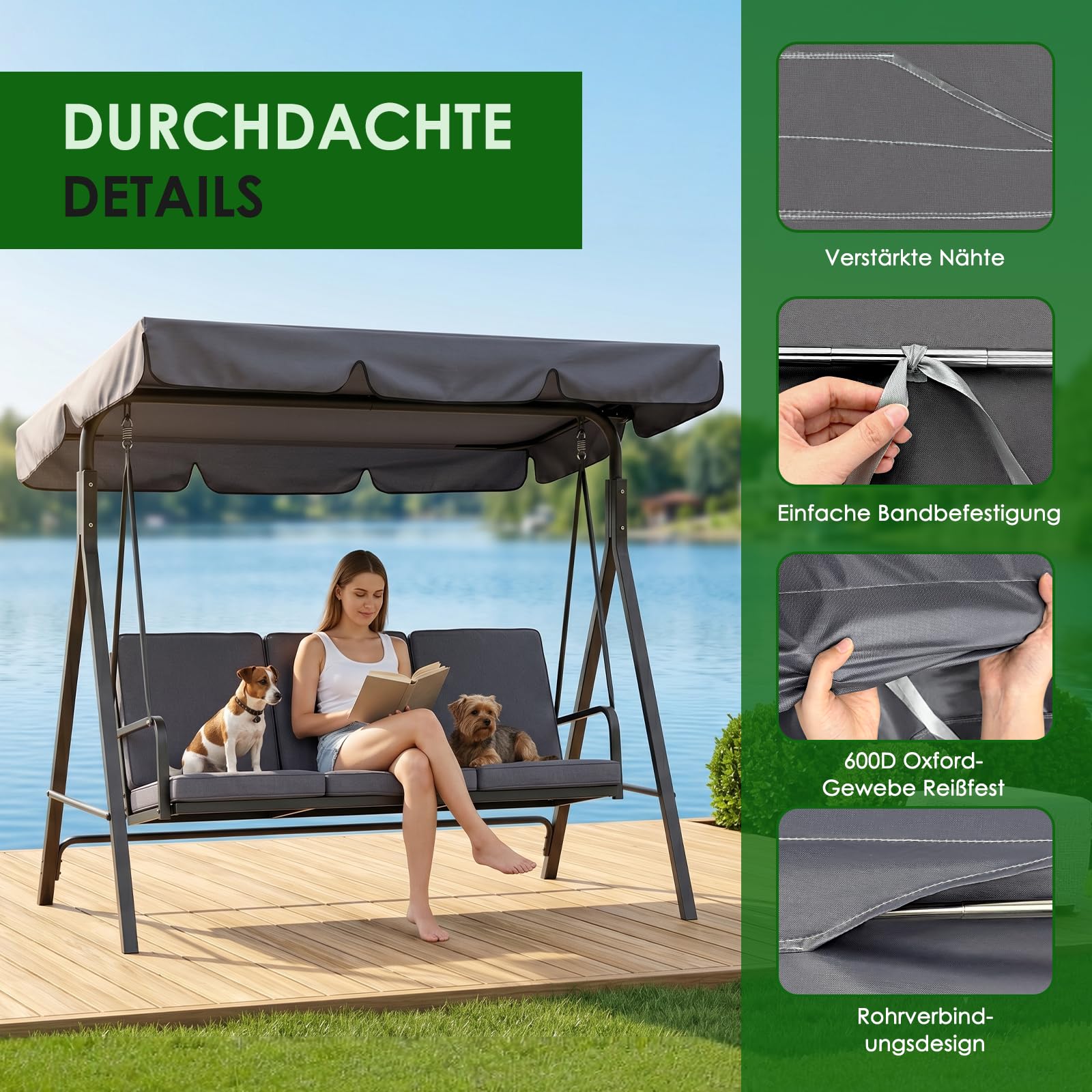 Hollywoodschaukel Dachbezug 3-Sitzer, 210x145cm, UV-Schutz | wetterfest, reißfest, Ersatzdach für Gartenschaukel, für Outdoor, Garten & Terrasse