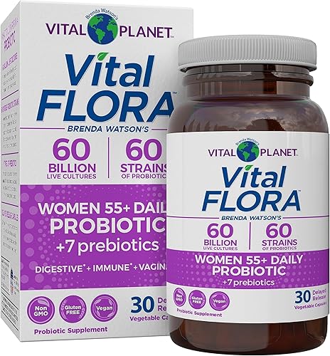 Vital Planet - Vital Flora - Probióticos diarios para mujeres mayores de 55 años, 60 mil millones de UFC, diversas cepas, prebióticos orgánicos,