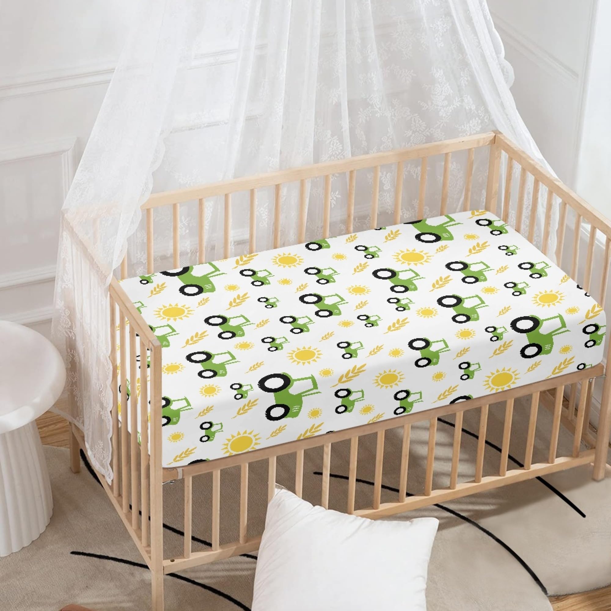 QINBEIDU Green Tractor Farm Fitted Crib Sheet Yellow Sun and Rice Crops Standard Crib Mattress Fitted Sheet Baby Toddler Bed Mattress Sheets for Boys Girls 28