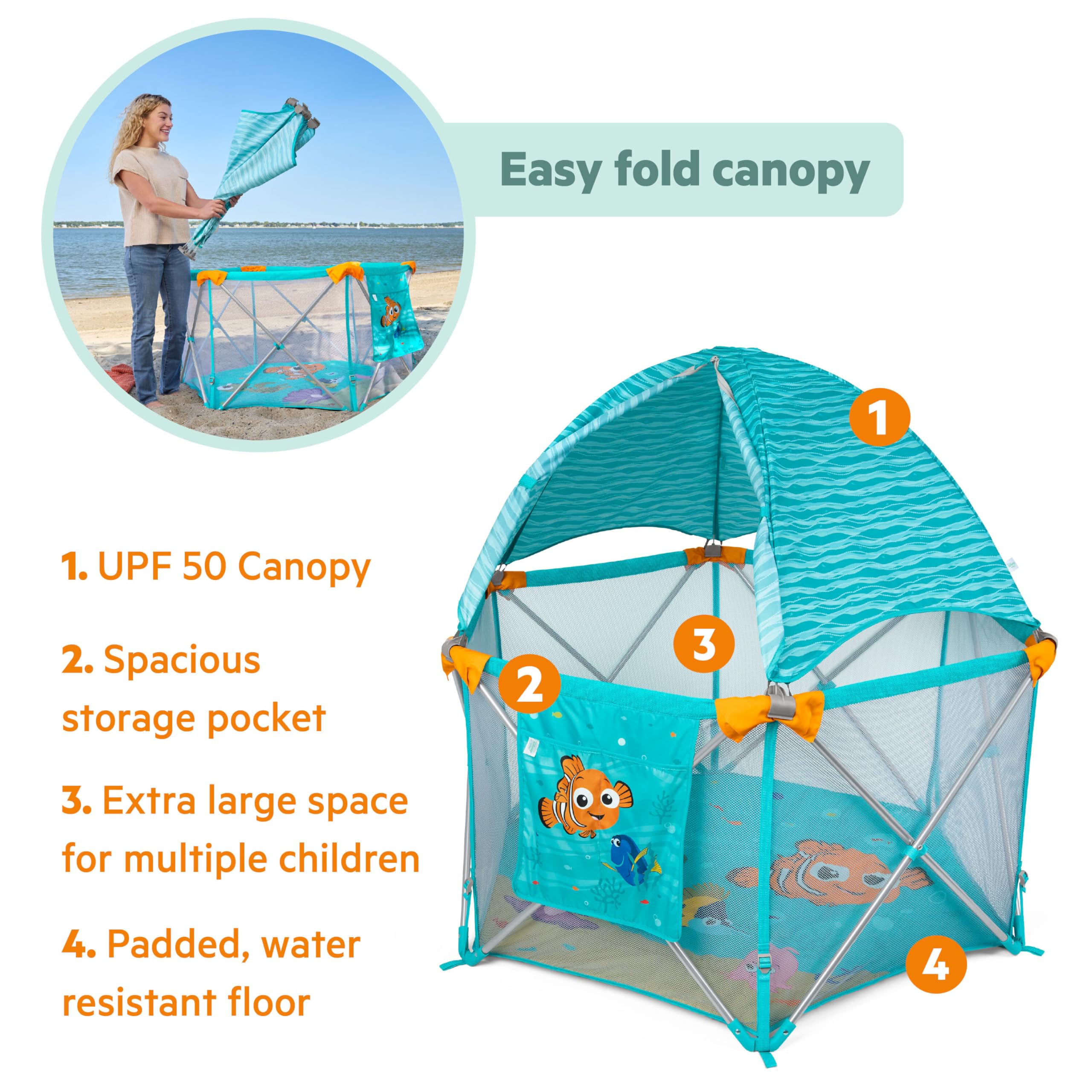 Bright Starts Disney Baby Finding Nemo Pop 'N Play Deluxe Portable Playard, Pop-and-Fold, Baby Beach Tent, UVA/UVB Protection, Indoor/Outdoor, 6 Months+ : Baby