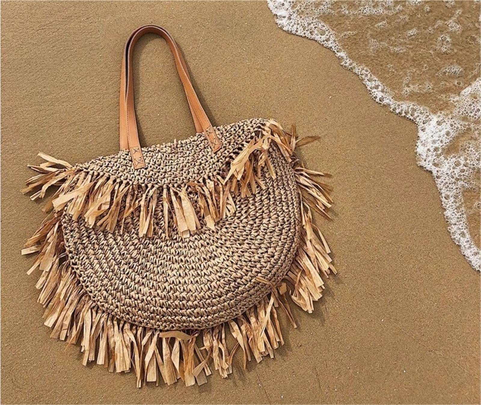 Bolso Bandolera con Flecos Bolsos de paja con borlas redondas for mujer, bandoleras mimbre, bolsos pequeños